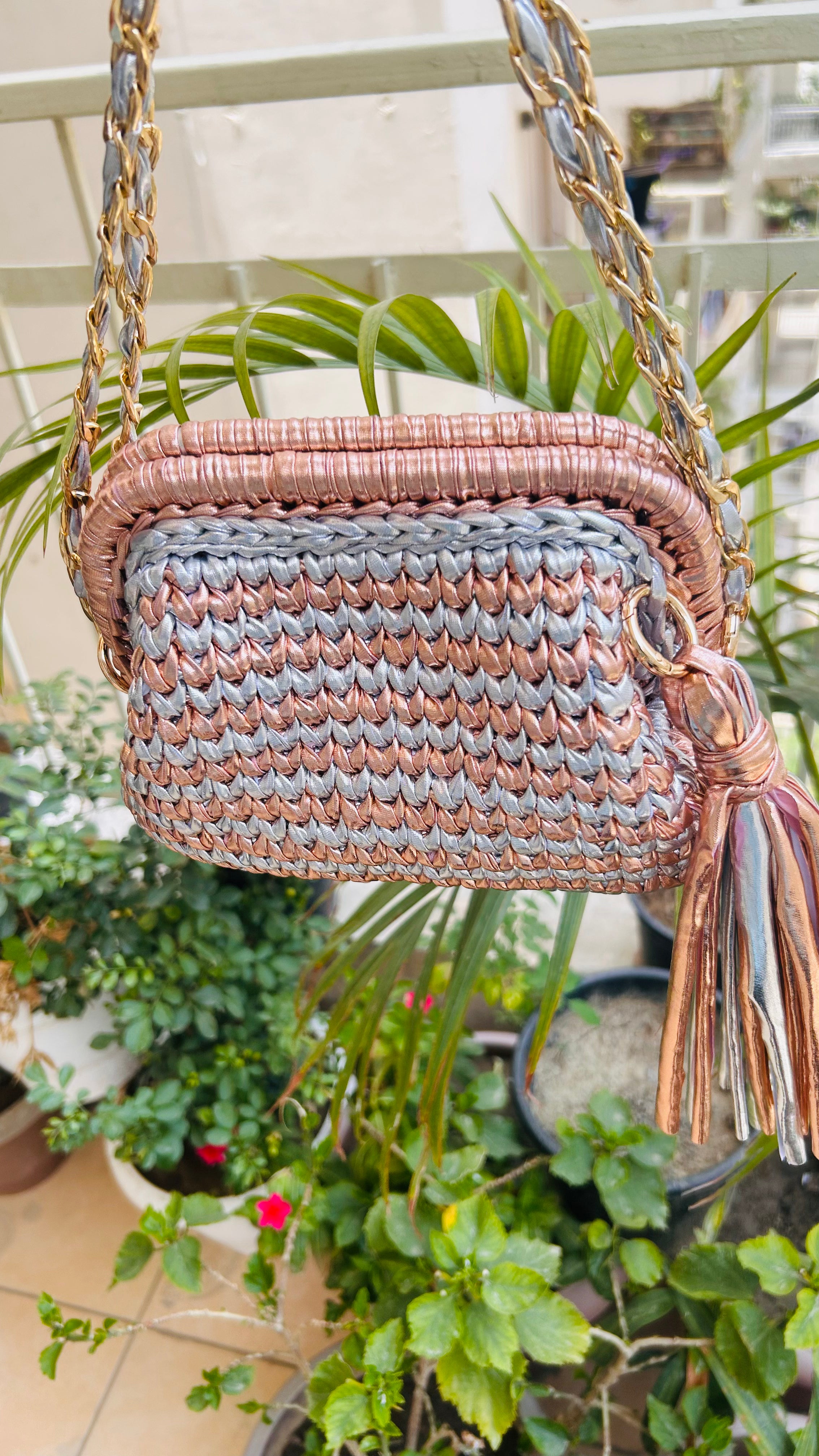 Silver and Rose Gold Two-Tone Crochet Clutch with Sling and Tassel