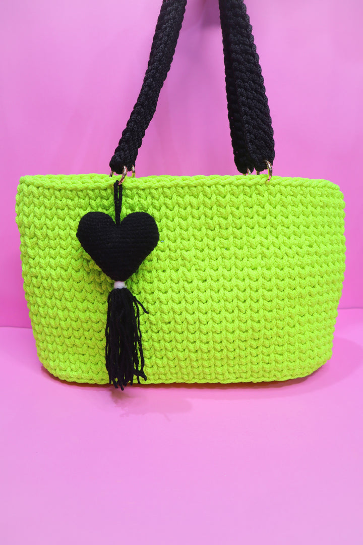 Handmade Neon Green Tote with Black Heart Charm