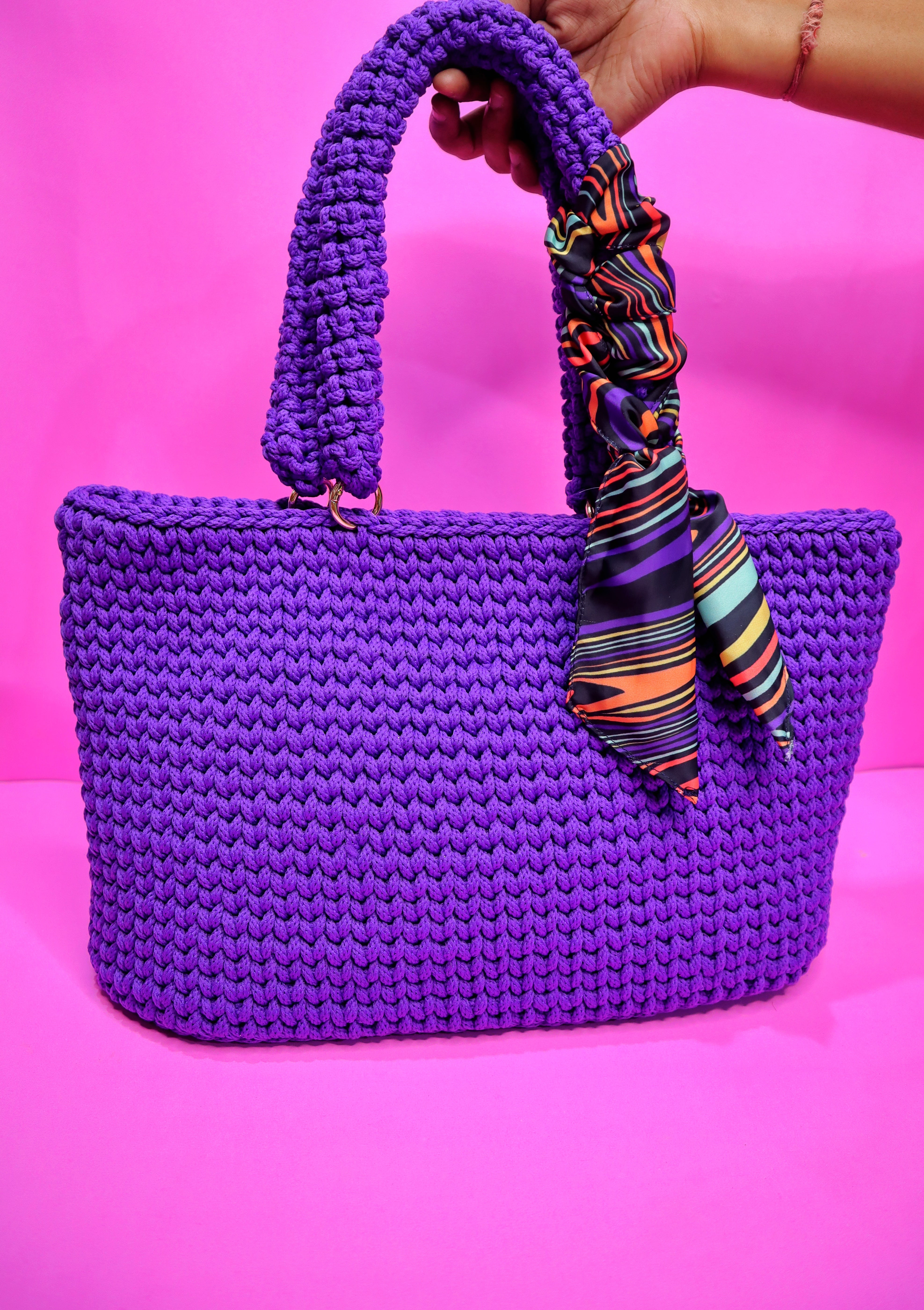 Handmade Purple Tote Bag with Printed Fabric Tie
