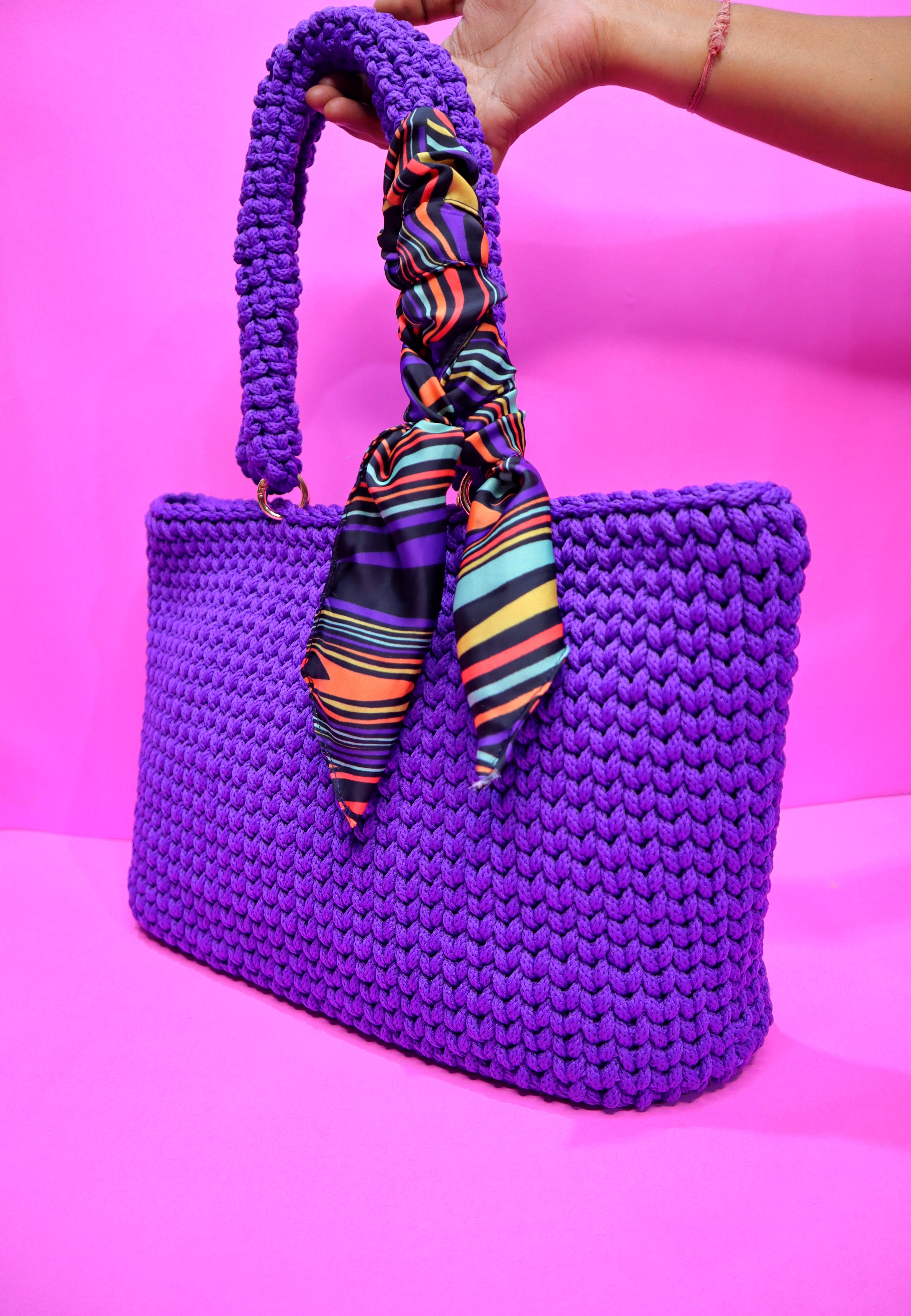 Handmade Purple Tote Bag with Printed Fabric Tie