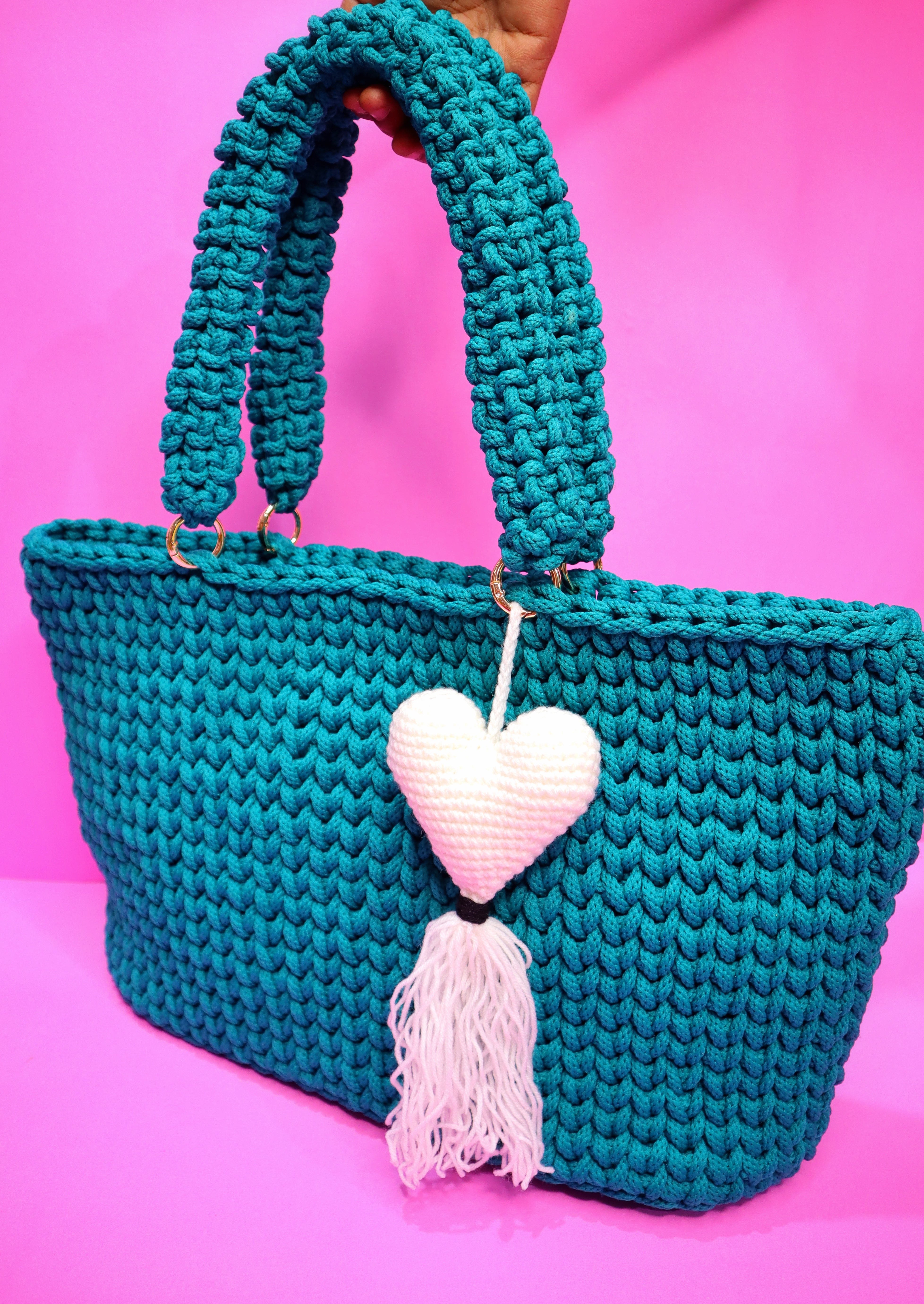 Handmade Teal Crochet Tote Bag with Heart Charm
