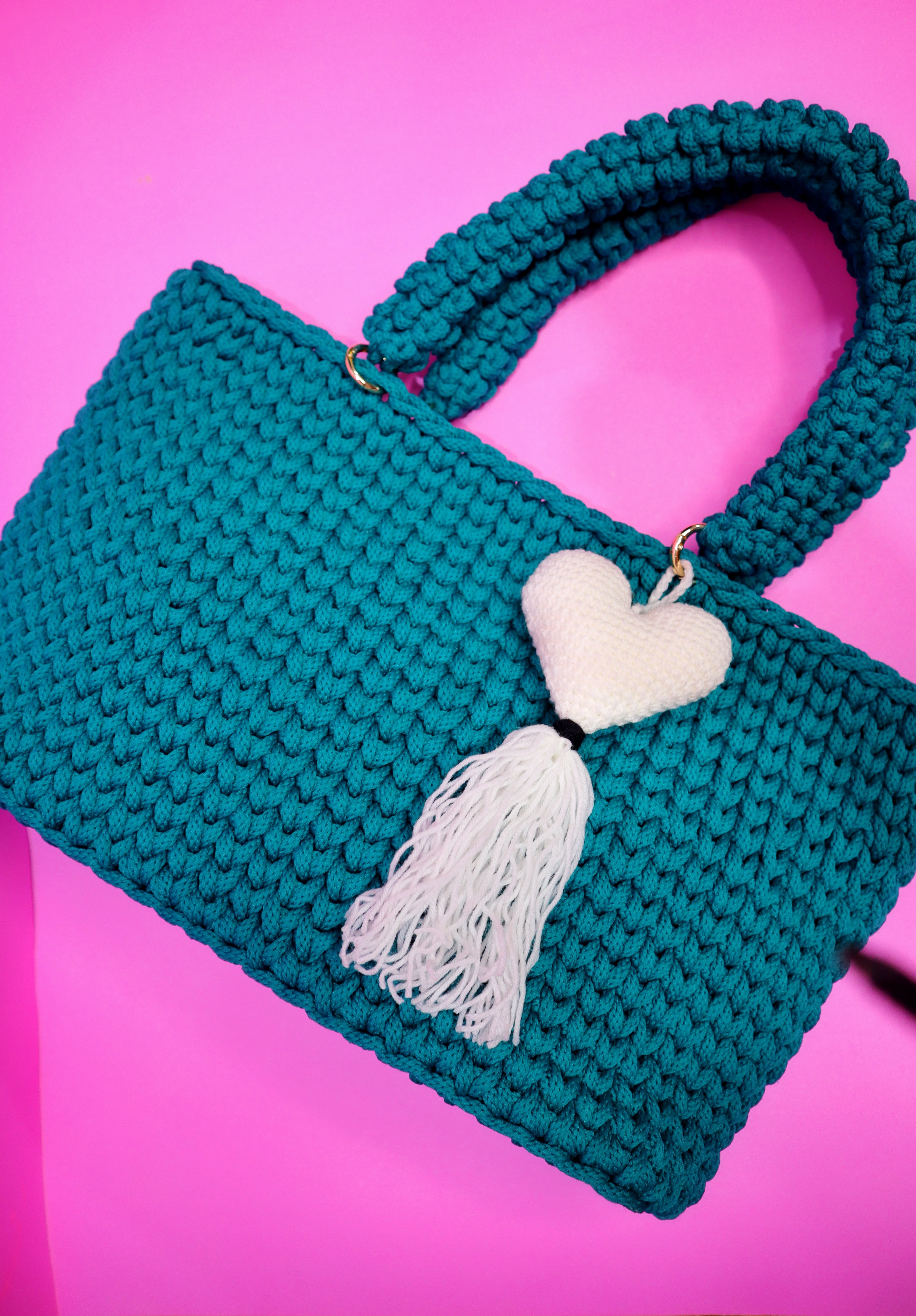 Handmade Teal Crochet Tote Bag with Heart Charm
