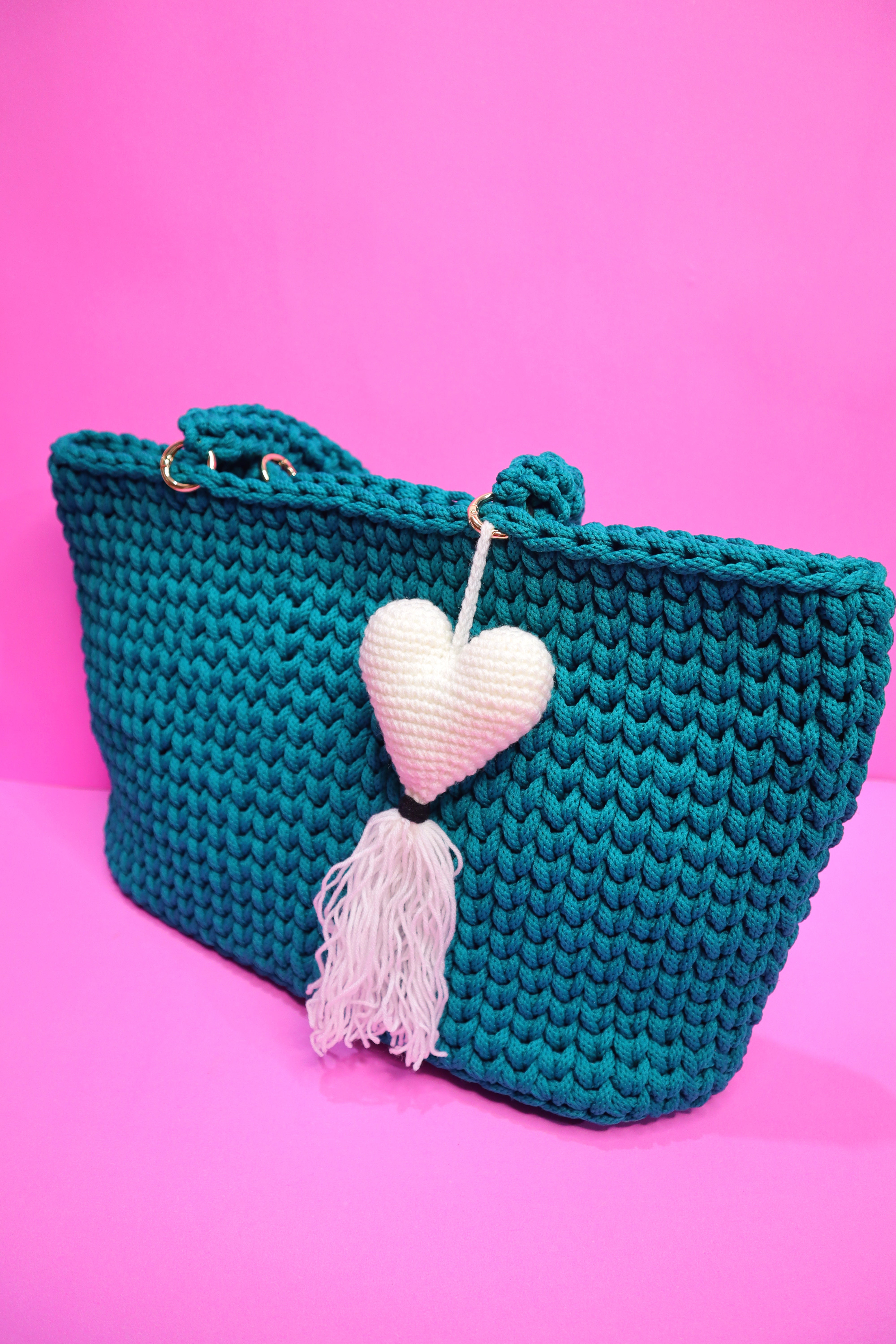 Handmade Teal Crochet Tote Bag with Heart Charm