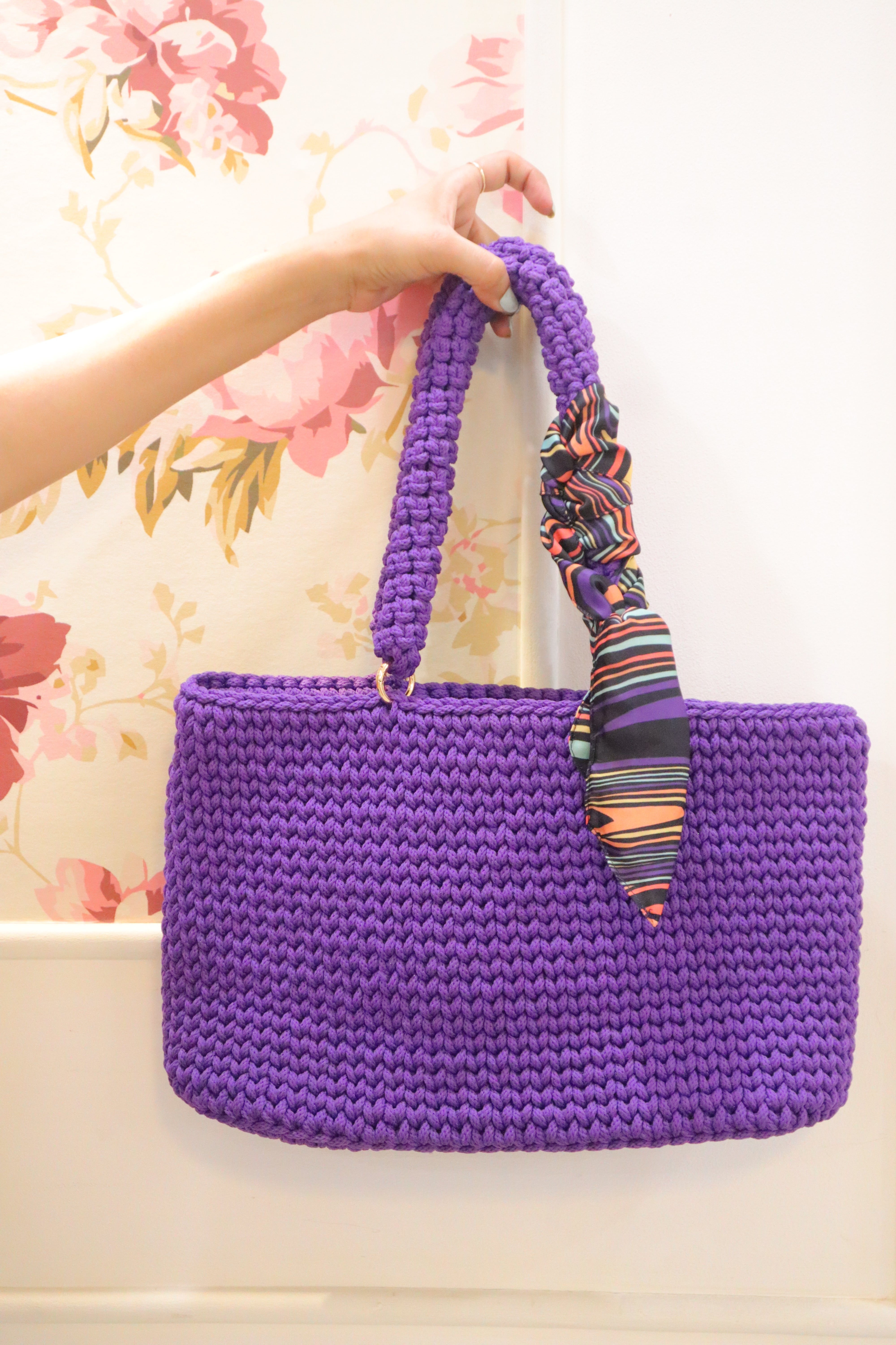Handmade Purple Tote Bag with Printed Fabric Tie