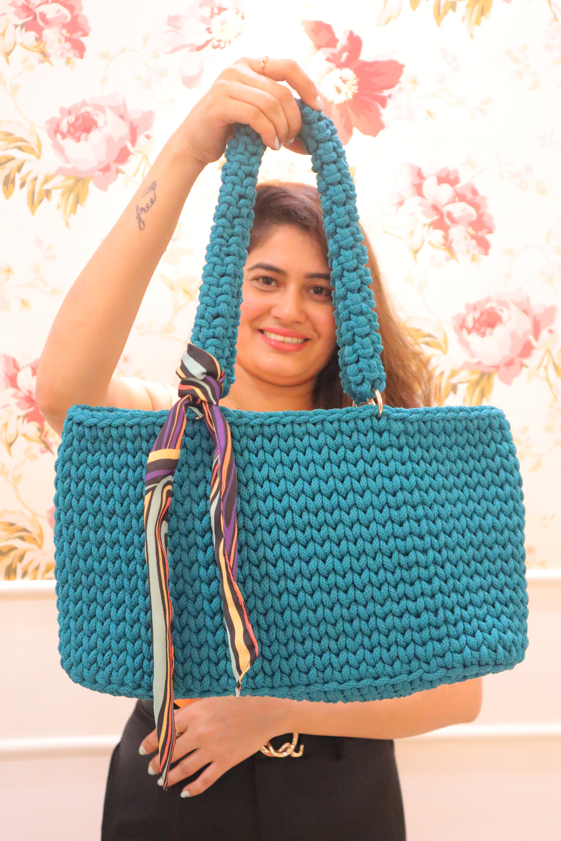 Handmade Teal Crochet Tote Bag with Heart Charm
