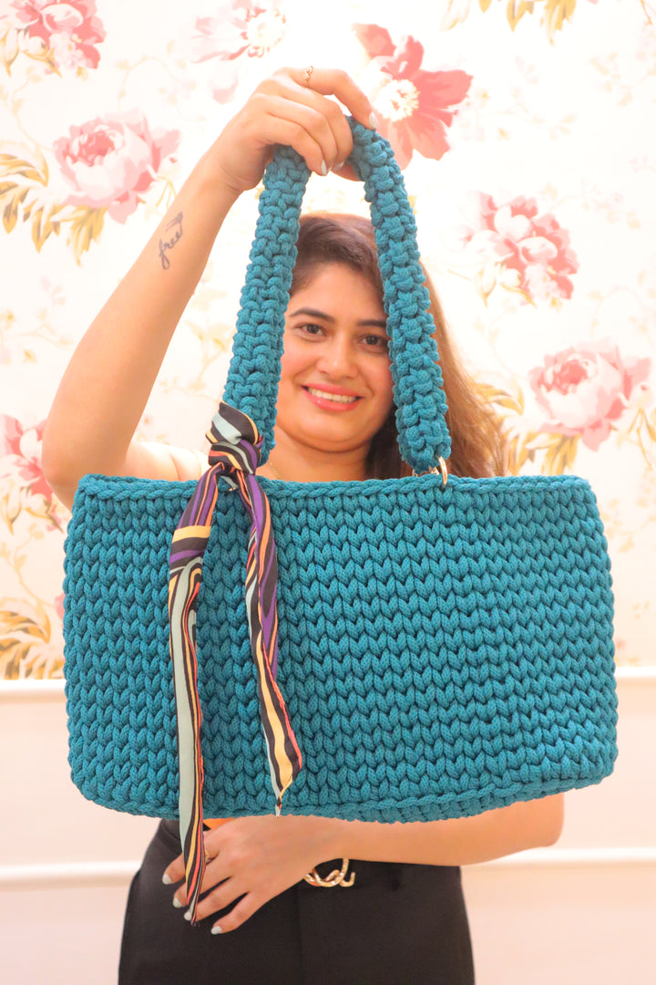 Handmade Teal Crochet Tote Bag with Heart Charm