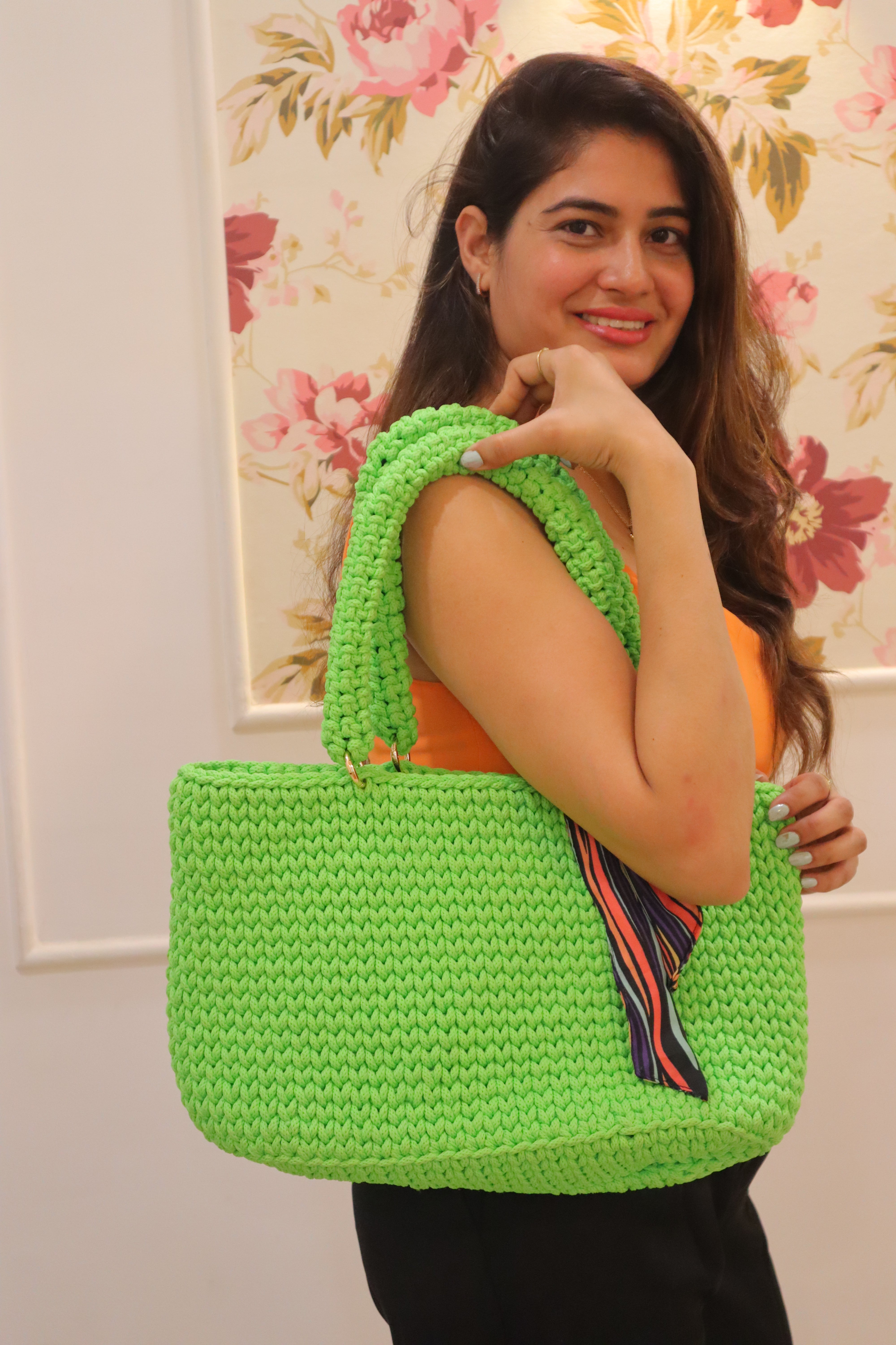 Handmade Bright Green Tote Bag with Heart Charm