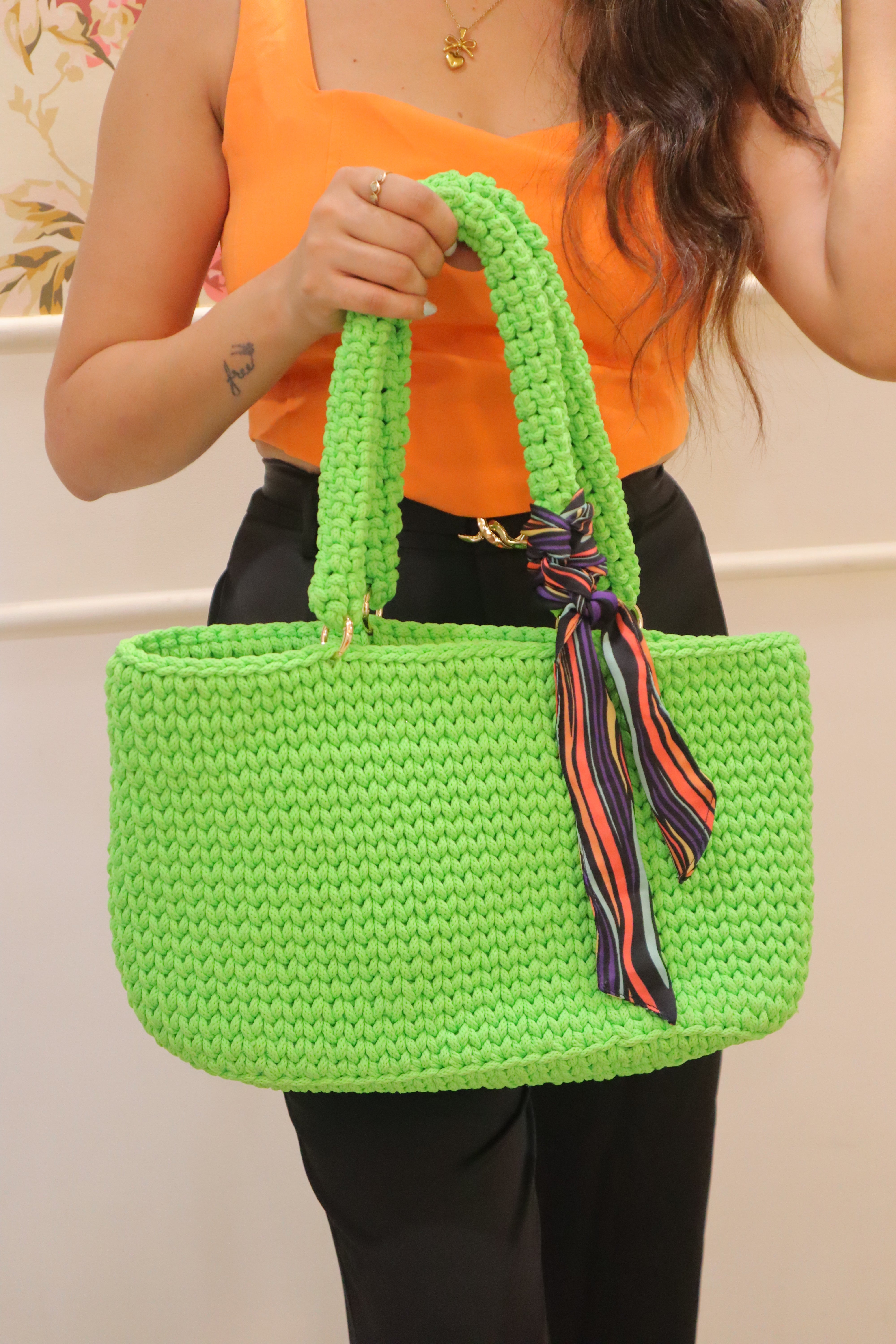 Handmade Bright Green Tote Bag with Heart Charm