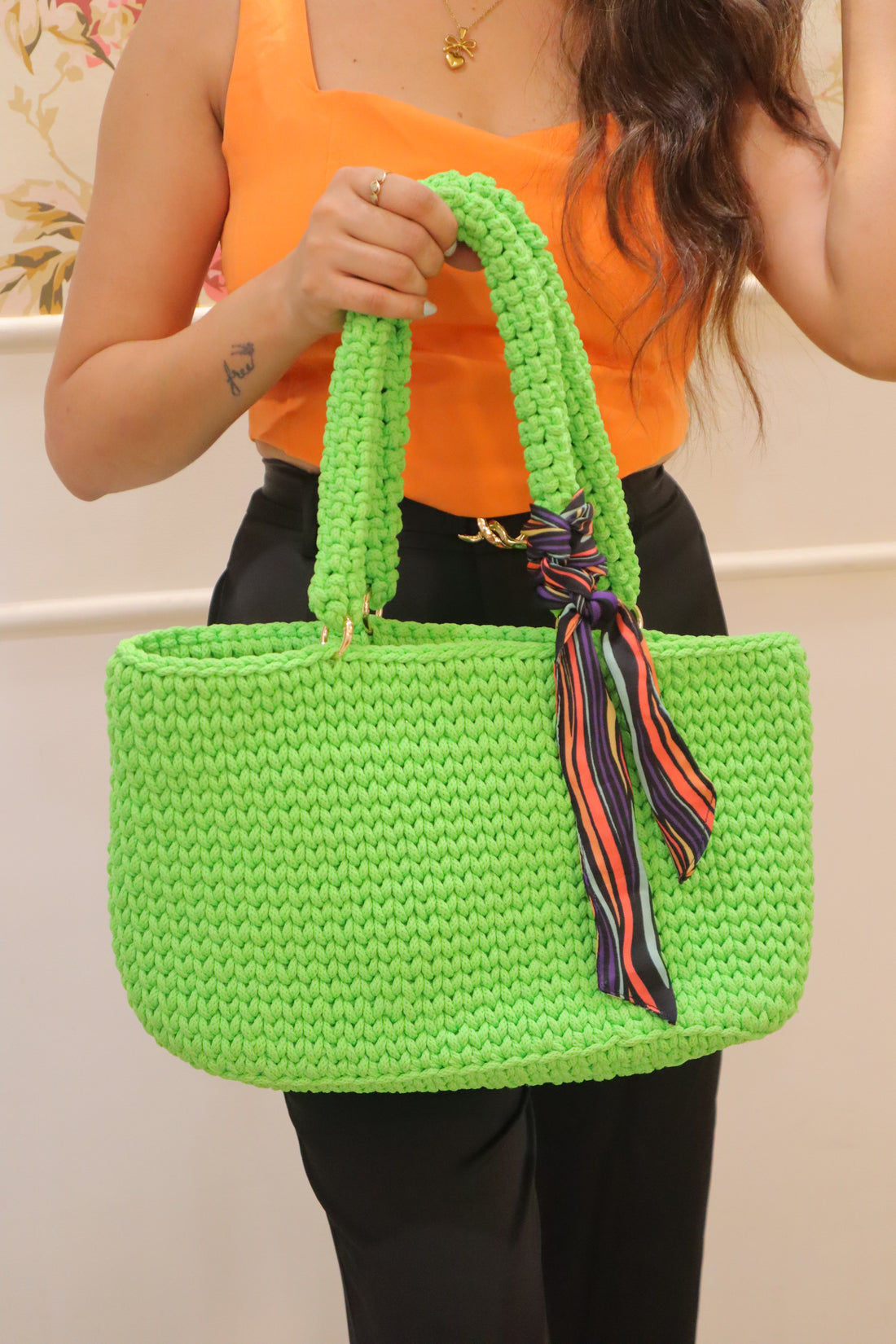 Handmade Bright Green Tote Bag with Heart Charm