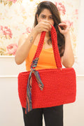 Handmade Red Tote Bag with Printed Fabric Tie