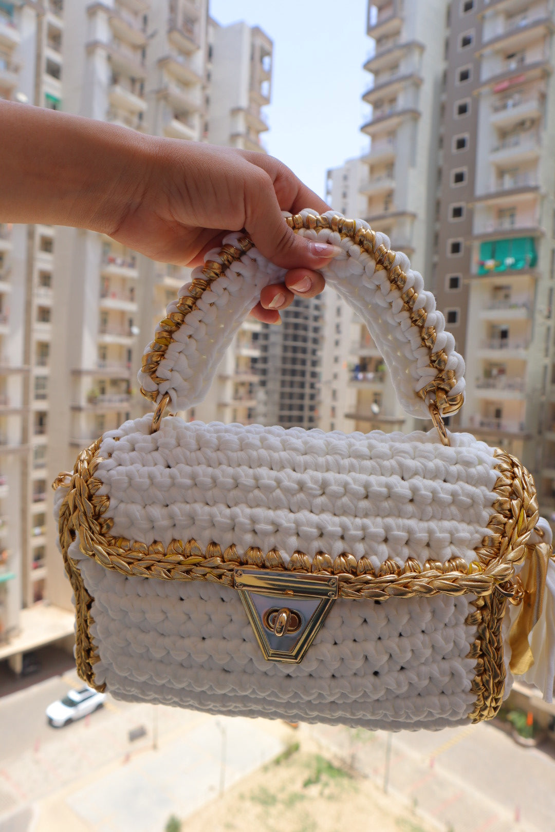 Luxurious White Crochet Handbag with Gold Accents