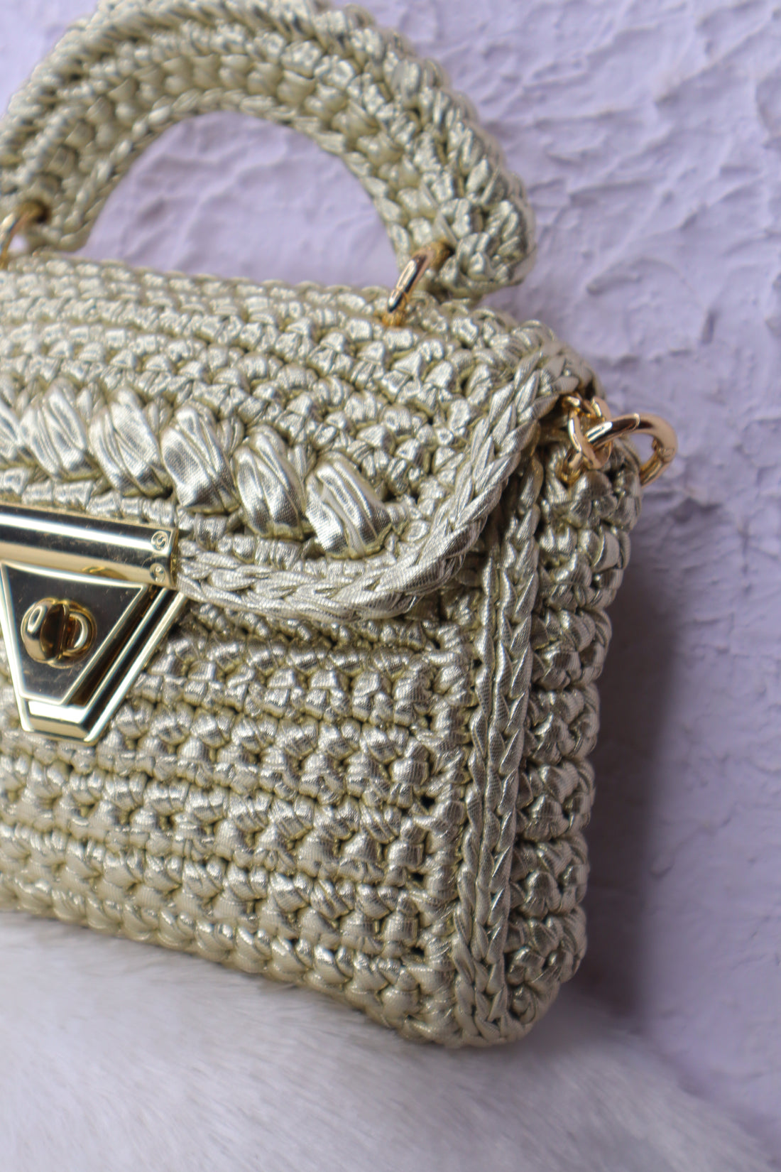 Handmade Light Gold Crochet Bag with Chain Strap