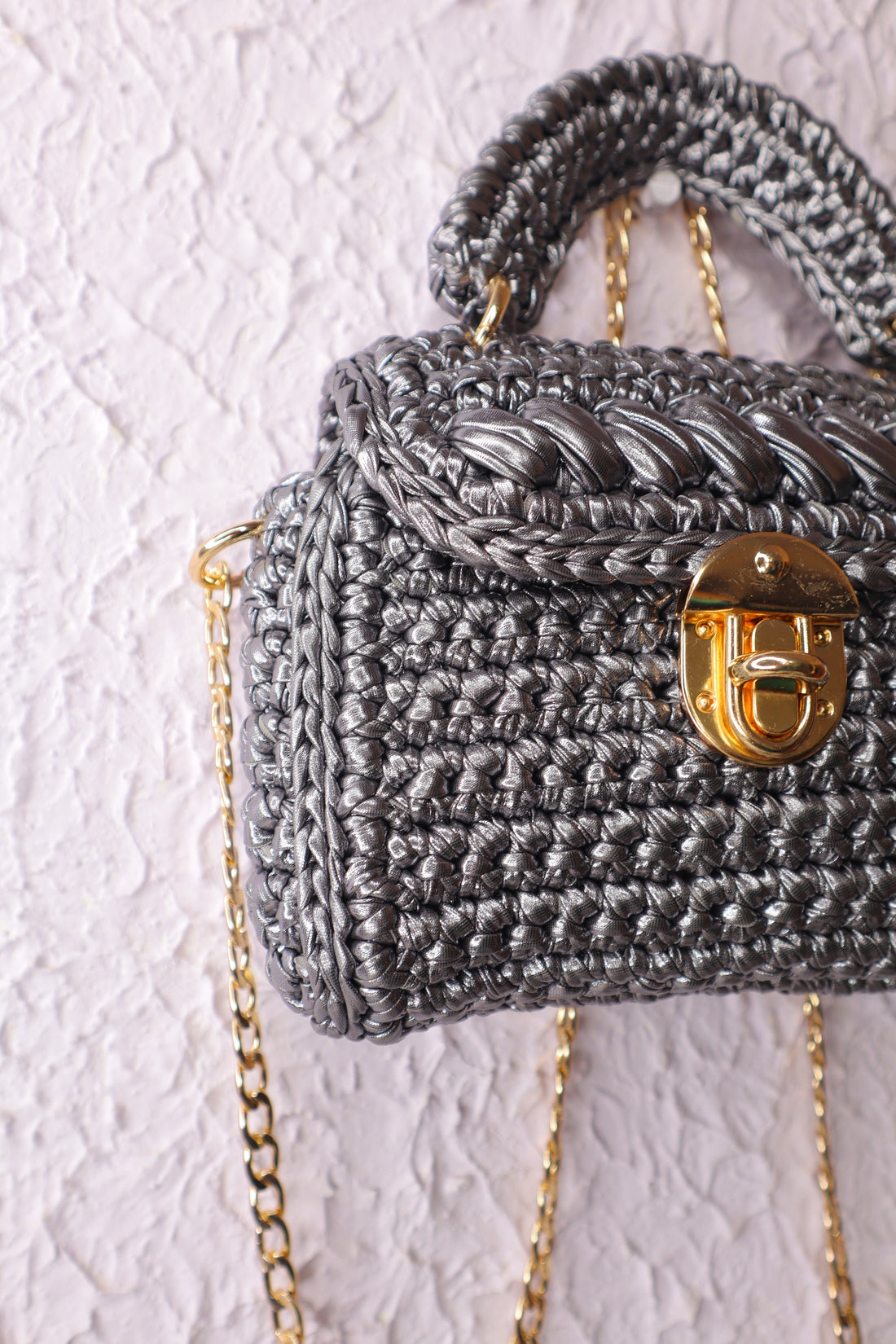 Handmade  Grey Metallic Crotchet Bag