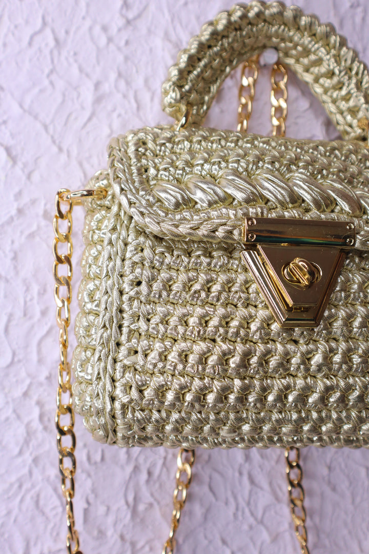 Handmade Light Gold Crochet Bag with Chain Strap