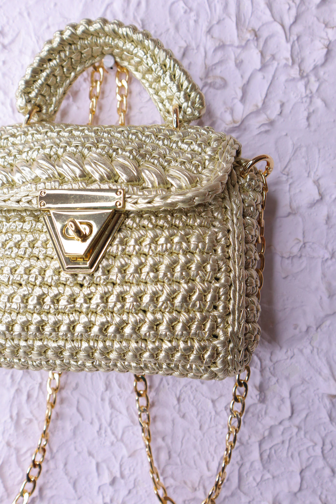 Handmade Light Gold Crochet Bag with Chain Strap