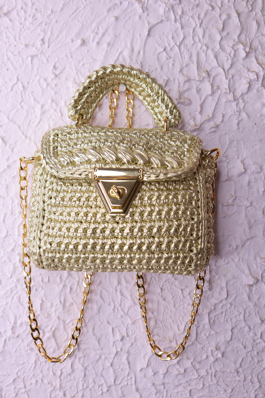 Handmade Light Gold Crochet Bag with Chain Strap