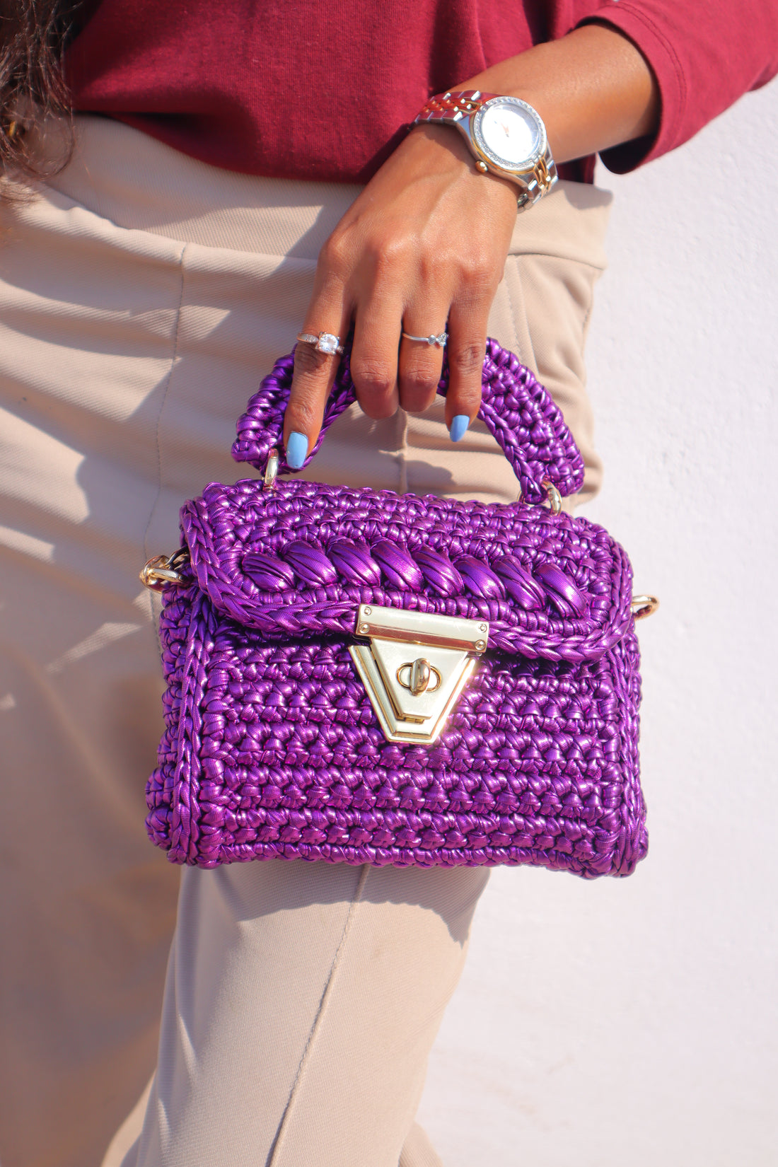 Royal Purple Metallic Crochet Bag