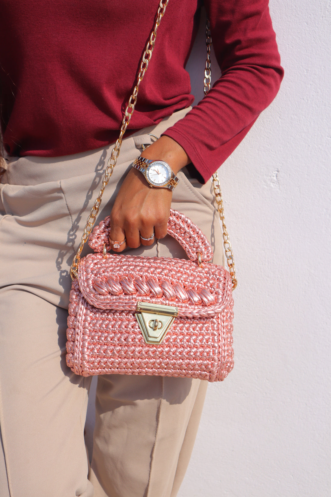 Handmade Rose Gold Metallic Crochet Bag