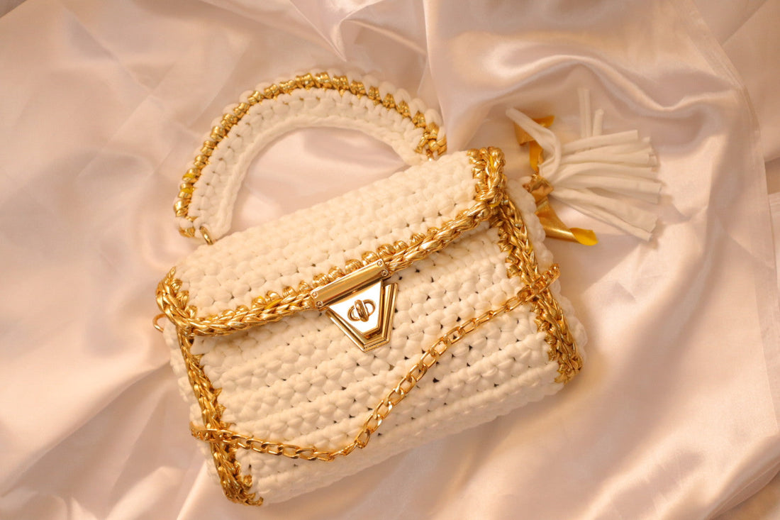 Luxurious White Crochet Handbag with Gold Accents