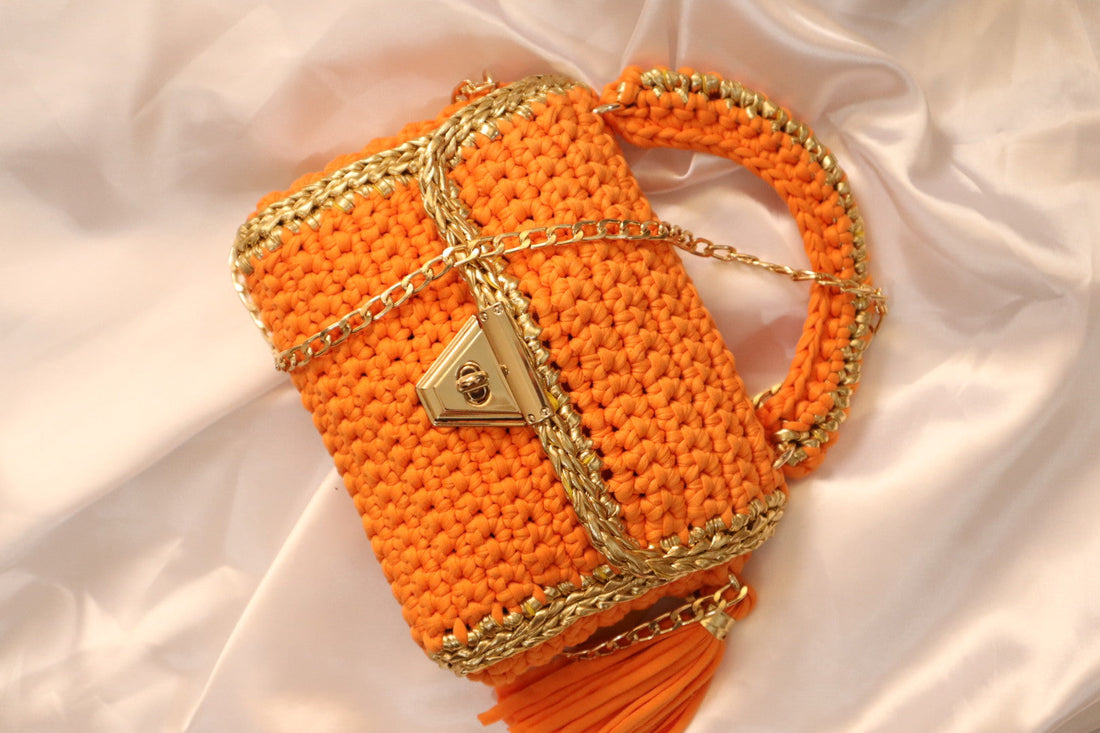 Vibrant Orange and Gold Handcrafted Crochet Bag