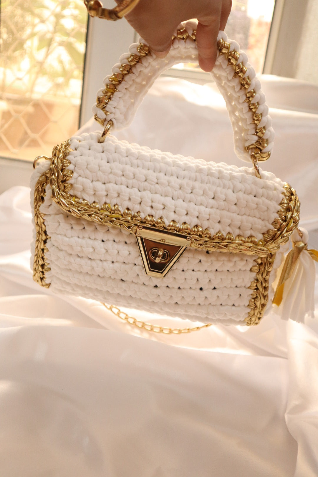 Luxurious White Crochet Handbag with Gold Accents