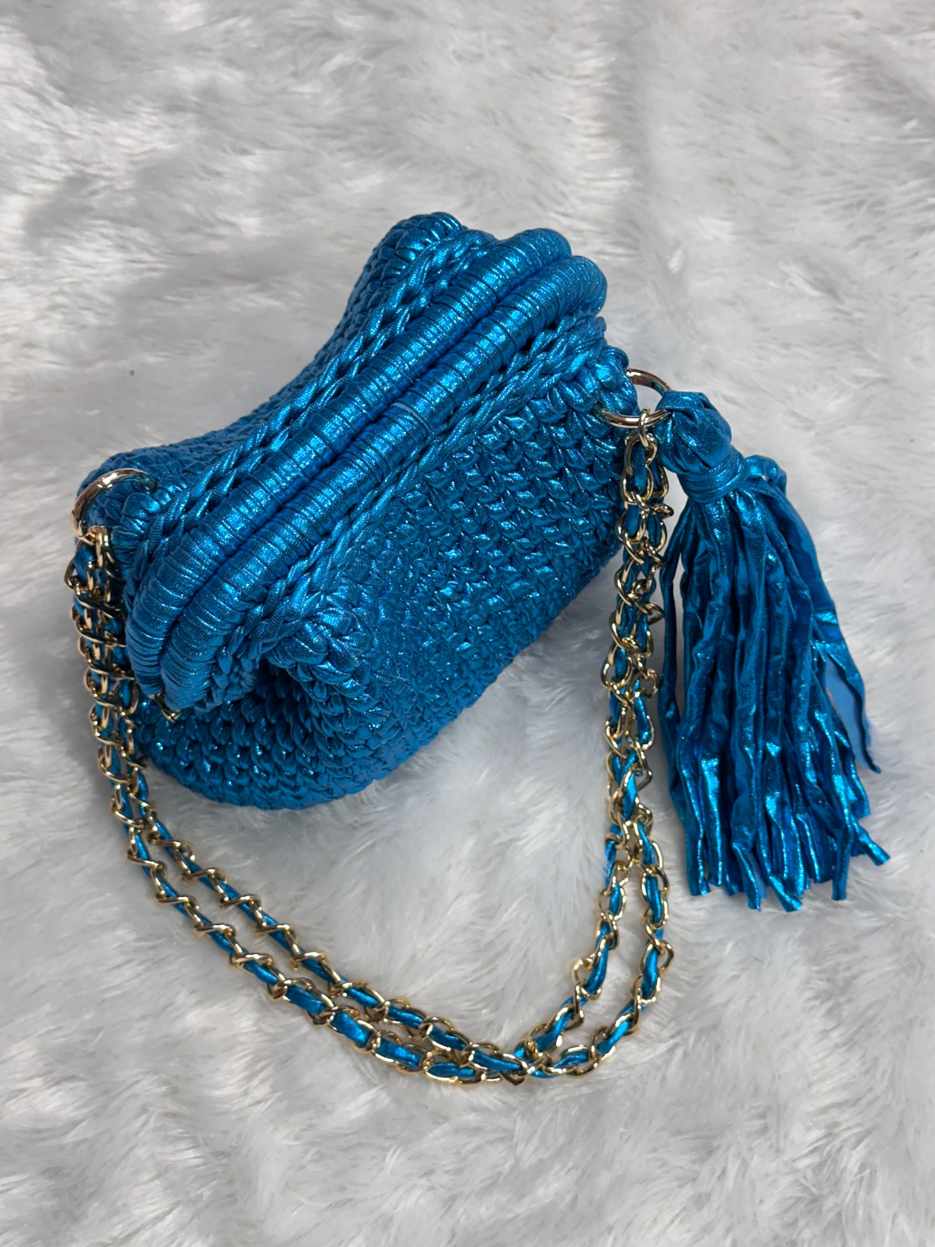 Peacock Blue Metallic Crochet Clutch with Chain Sling and Tassel