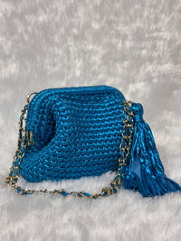 Peacock Blue Metallic Crochet Clutch with Chain Sling and Tassel