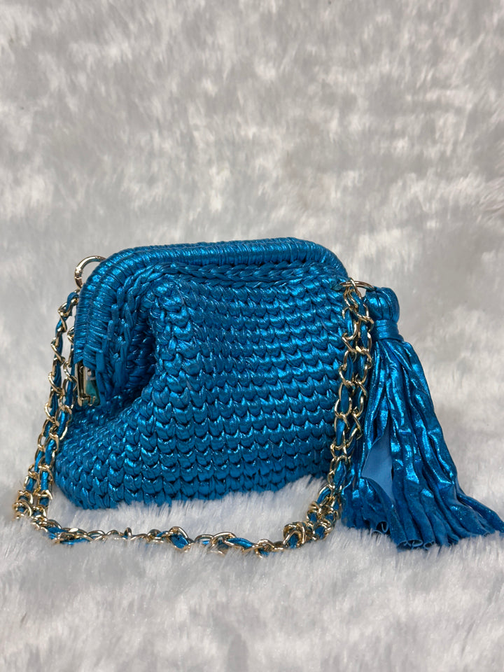 Peacock Blue Metallic Crochet Clutch with Chain Sling and Tassel