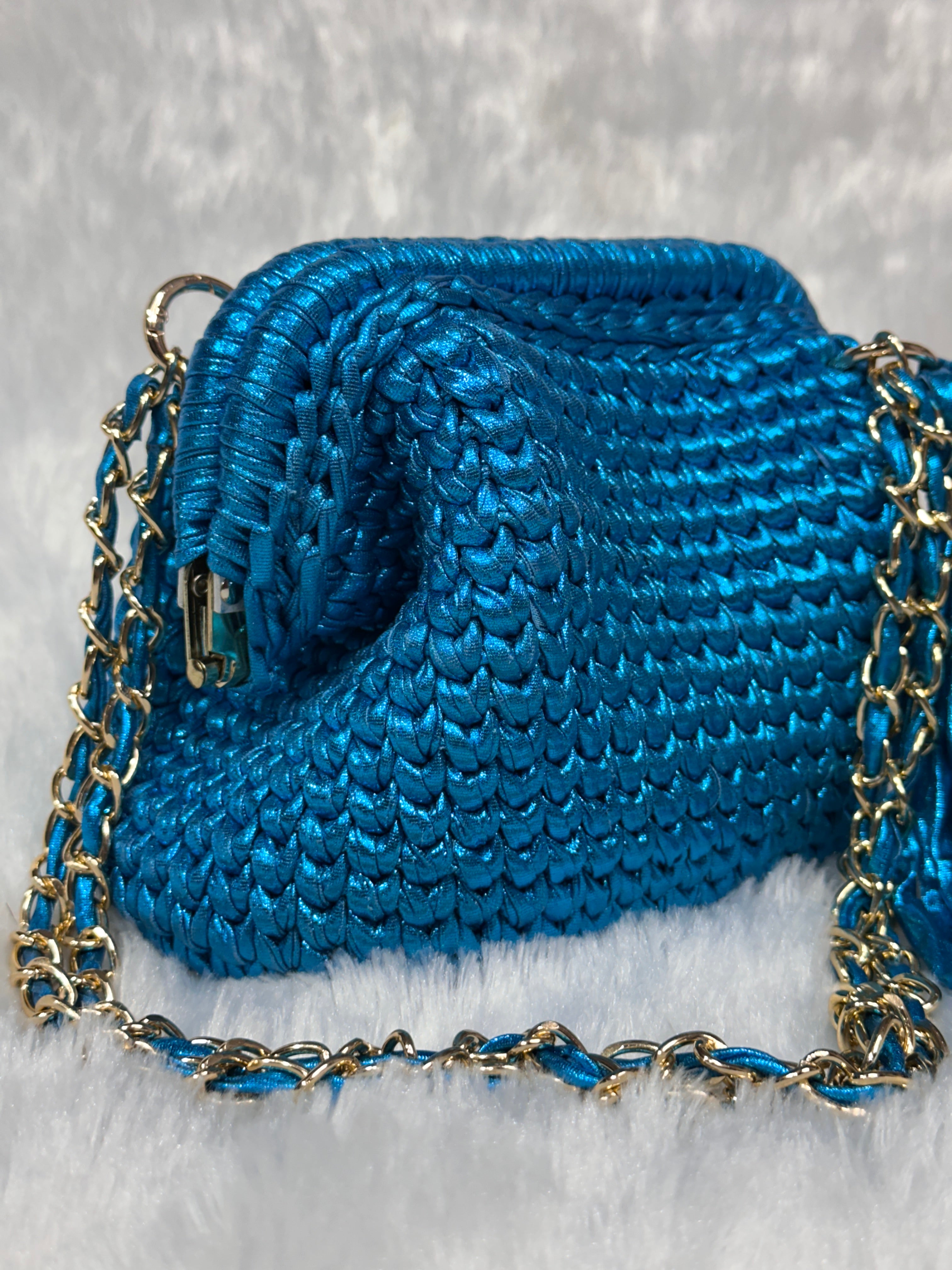 Peacock Blue Metallic Crochet Clutch with Chain Sling and Tassel