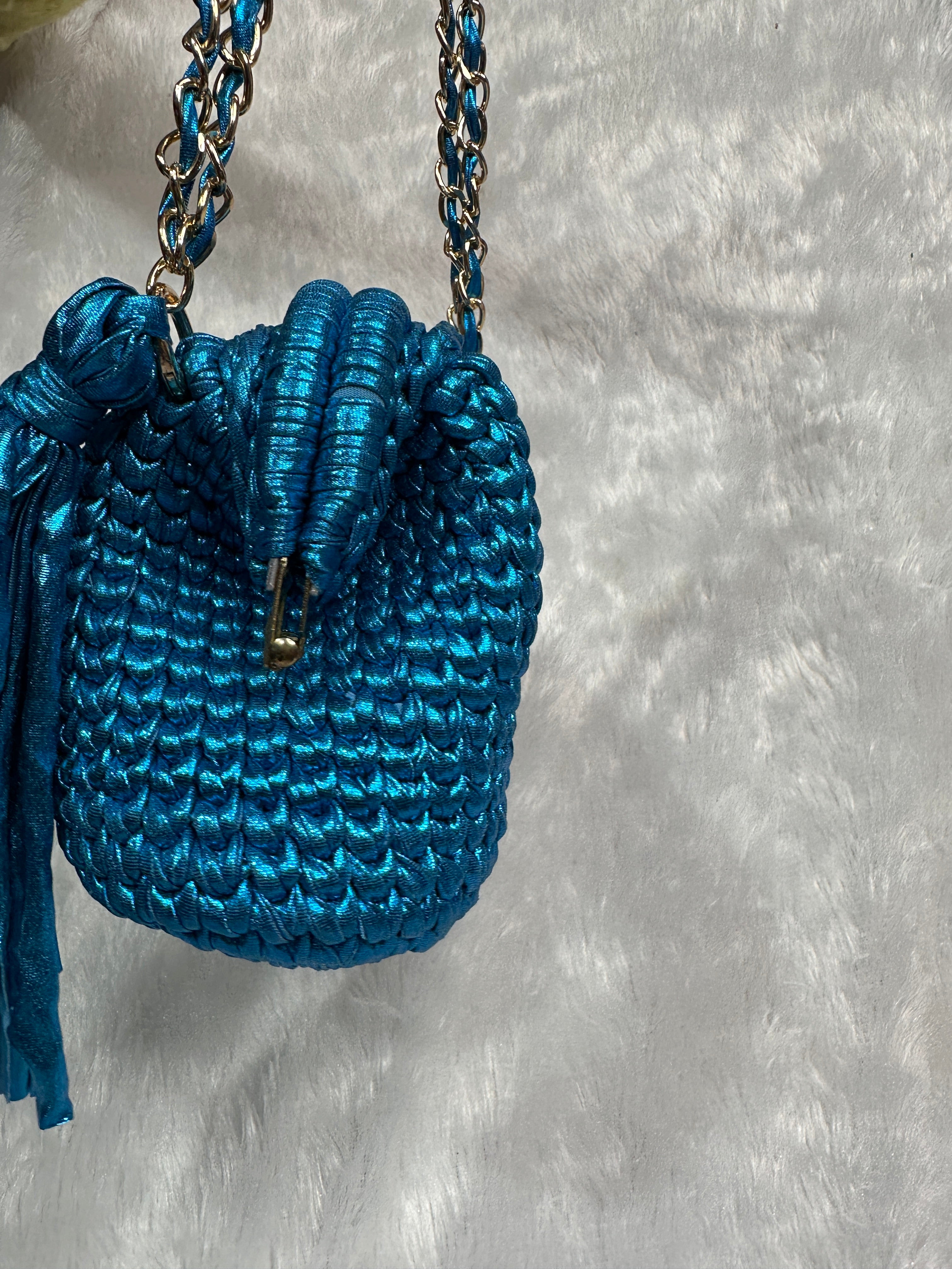Peacock Blue Metallic Crochet Clutch with Chain Sling and Tassel