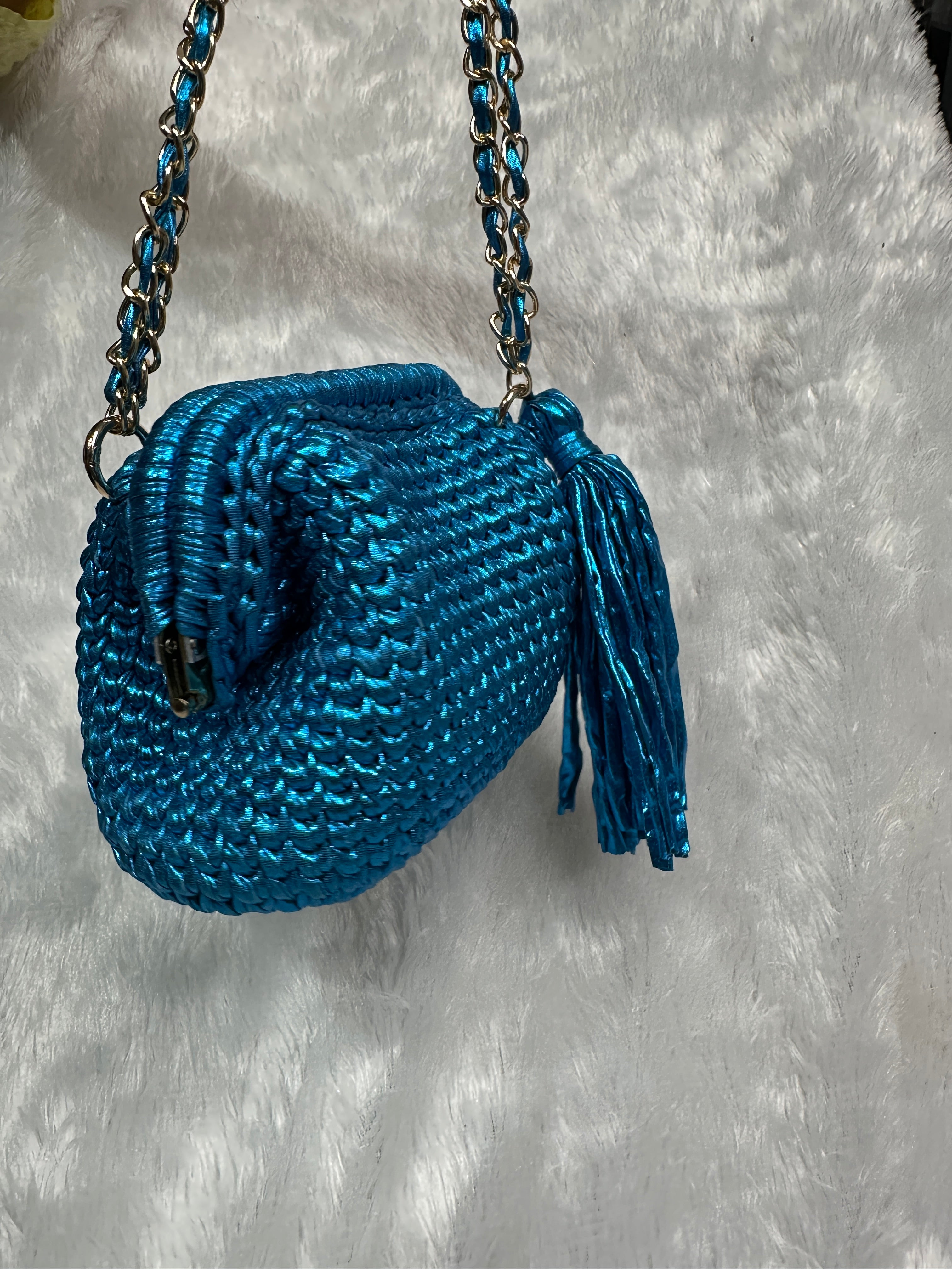 Peacock Blue Metallic Crochet Clutch with Chain Sling and Tassel