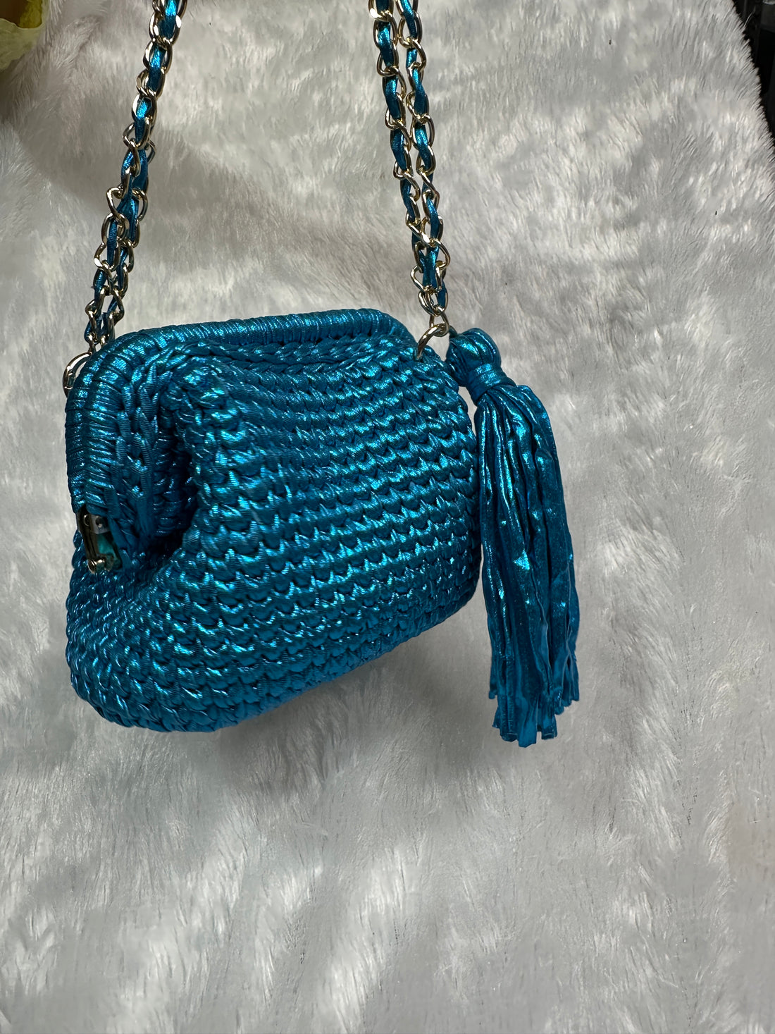Peacock Blue Metallic Crochet Clutch with Chain Sling and Tassel