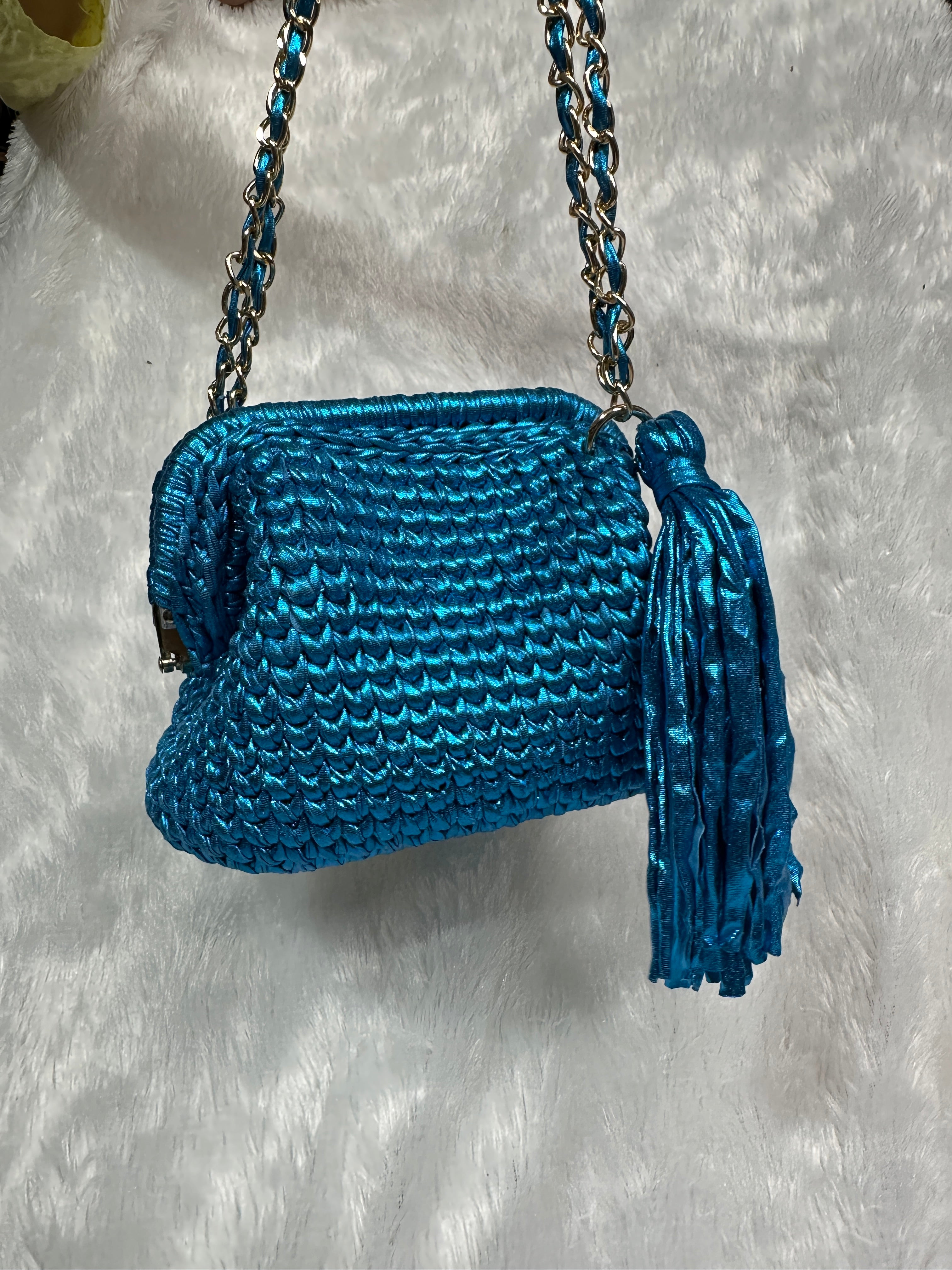 Peacock Blue Metallic Crochet Clutch with Chain Sling and Tassel