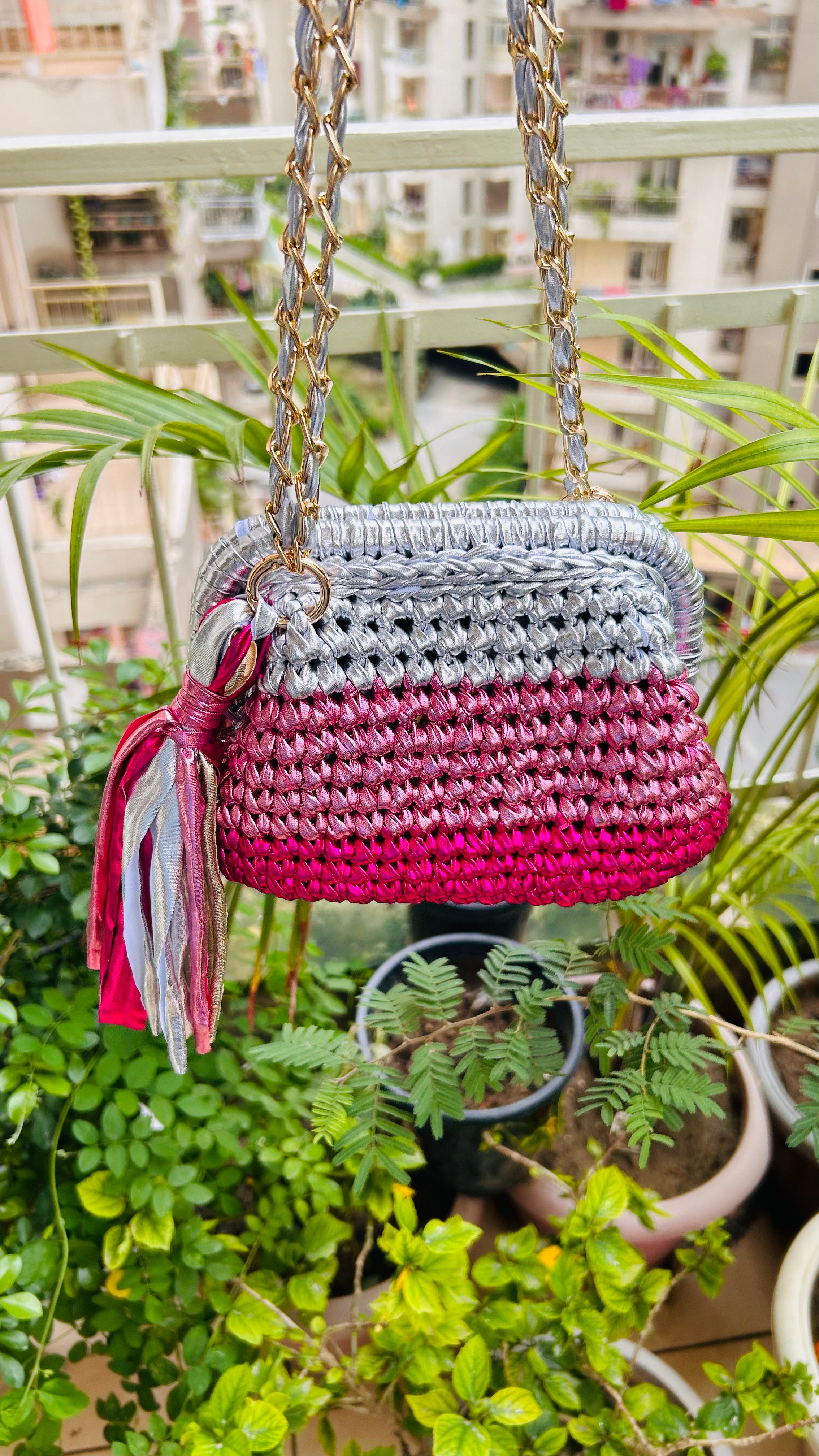 Pink & Silver Triple Tone Crochet Clutch with Sling and Tassel