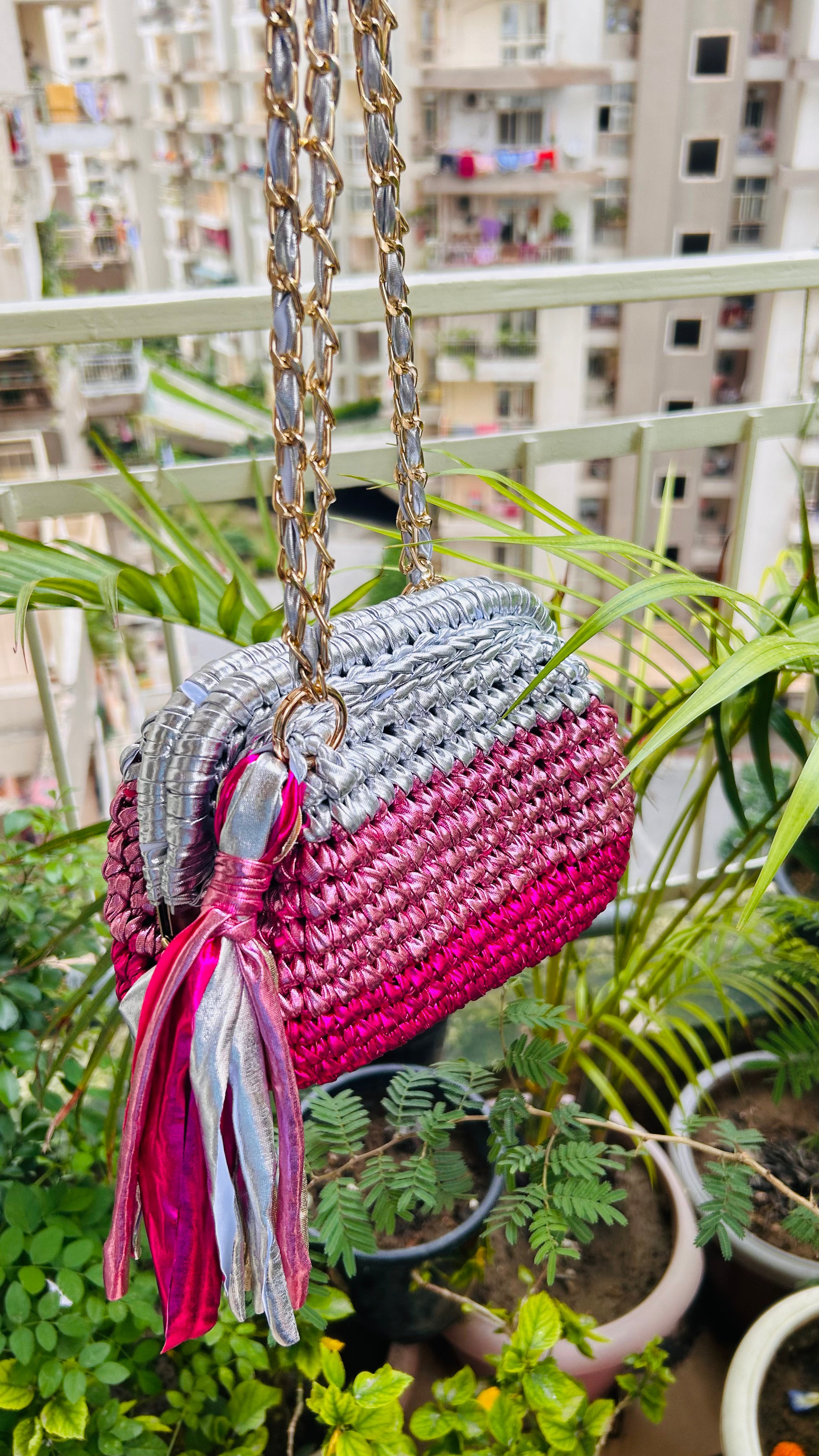 Pink & Silver Triple Tone Crochet Clutch with Sling and Tassel