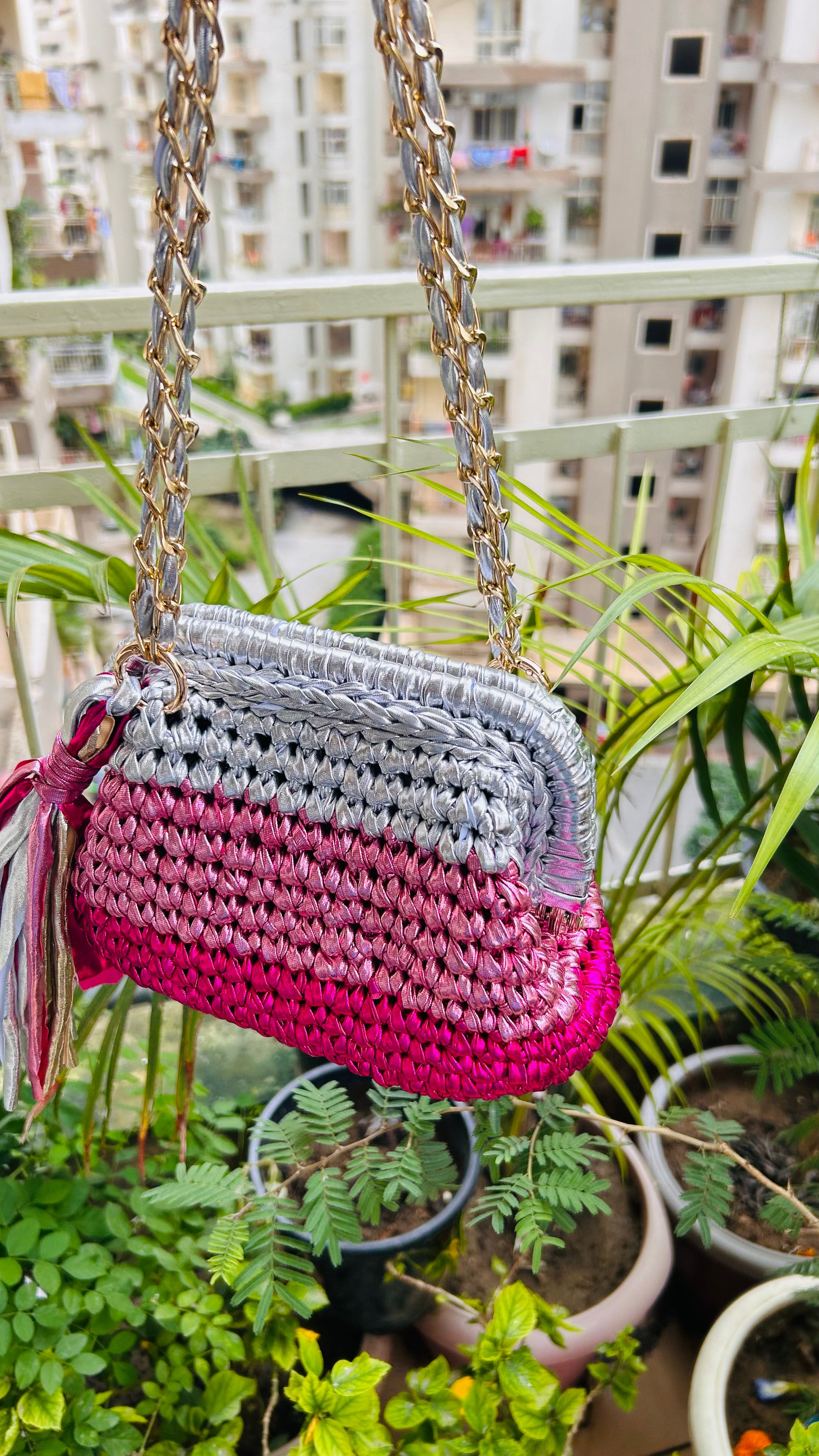 Pink & Silver Triple Tone Crochet Clutch with Sling and Tassel
