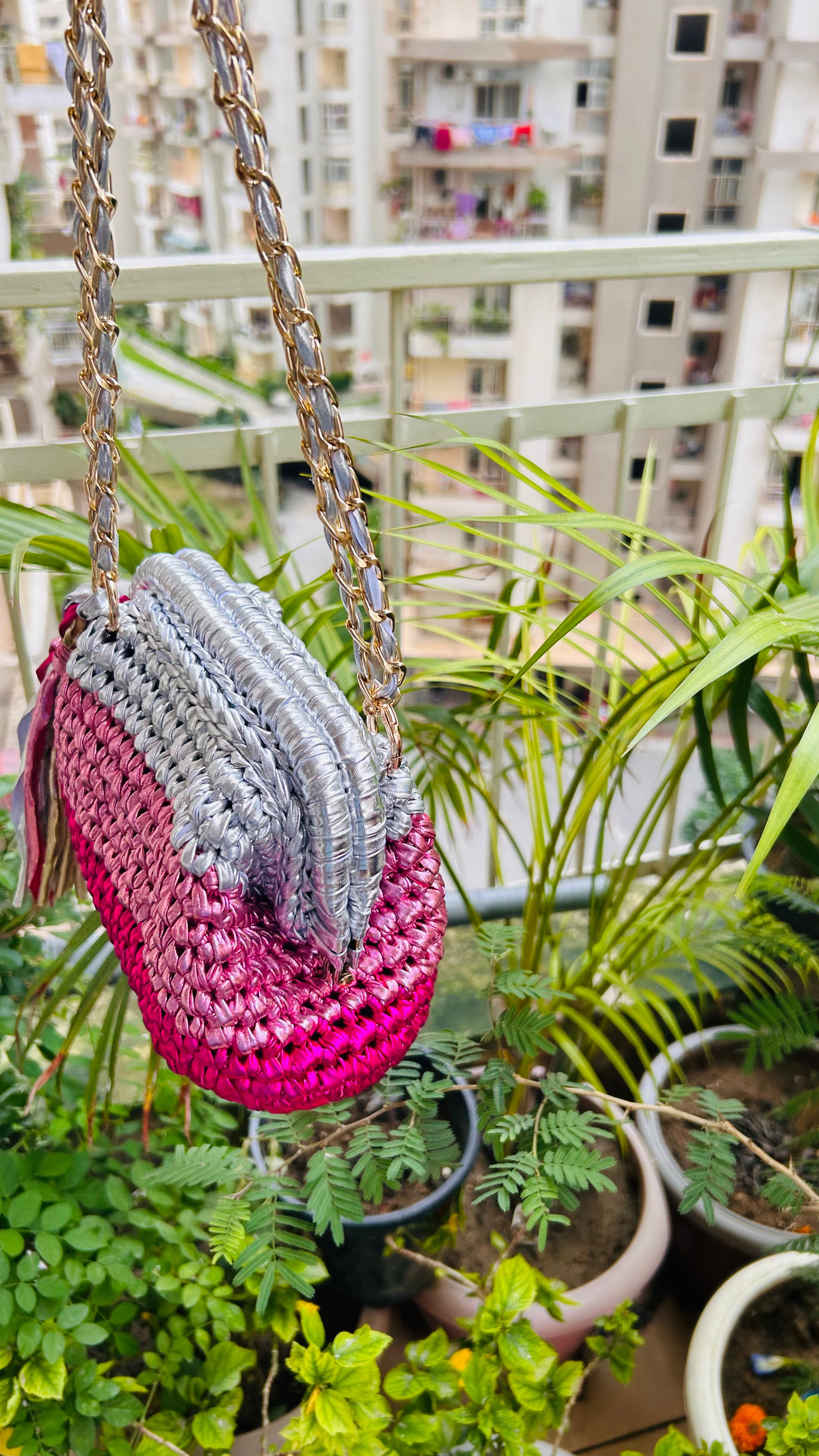 Pink & Silver Triple Tone Crochet Clutch with Sling and Tassel