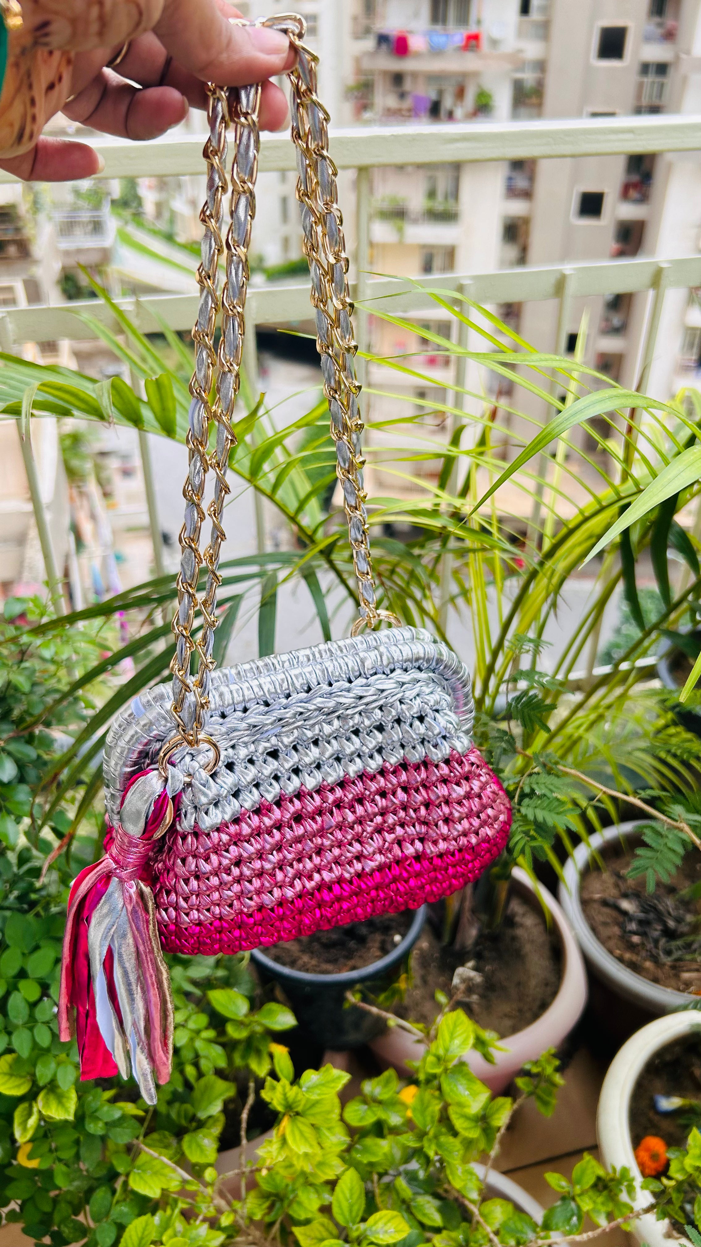 Pink & Silver Triple Tone Crochet Clutch with Sling and Tassel