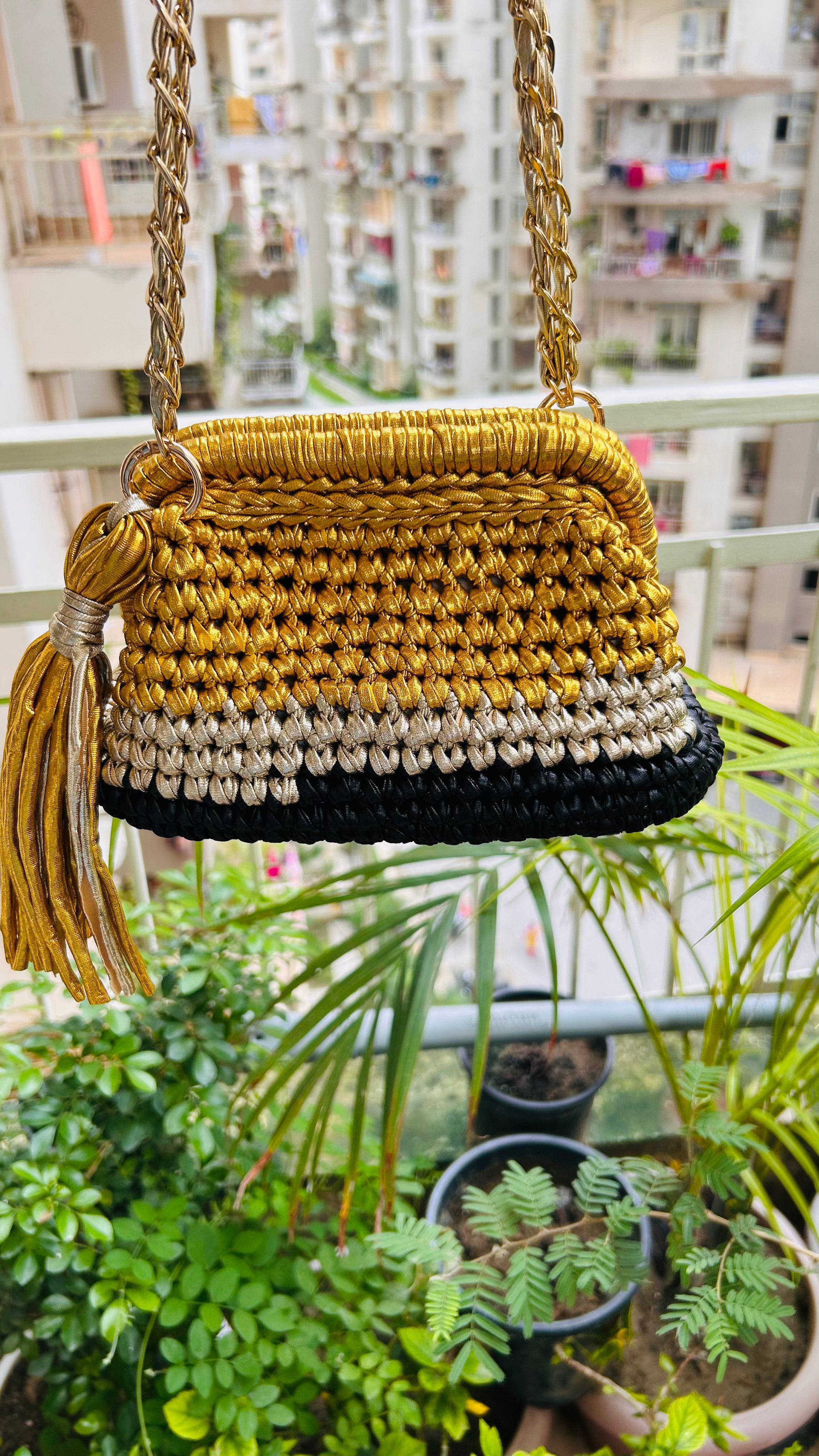 Gold Silver & Black Triple Tone Crochet Clutch with Sling and Tassel