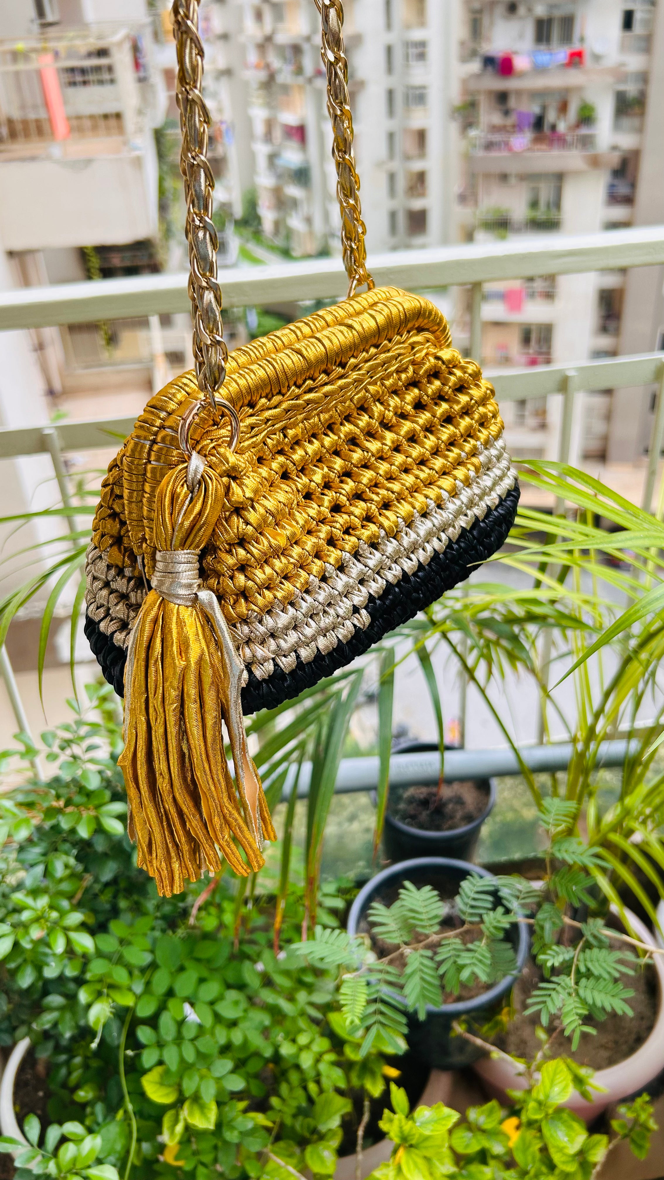 Gold Silver & Black Triple Tone Crochet Clutch with Sling and Tassel