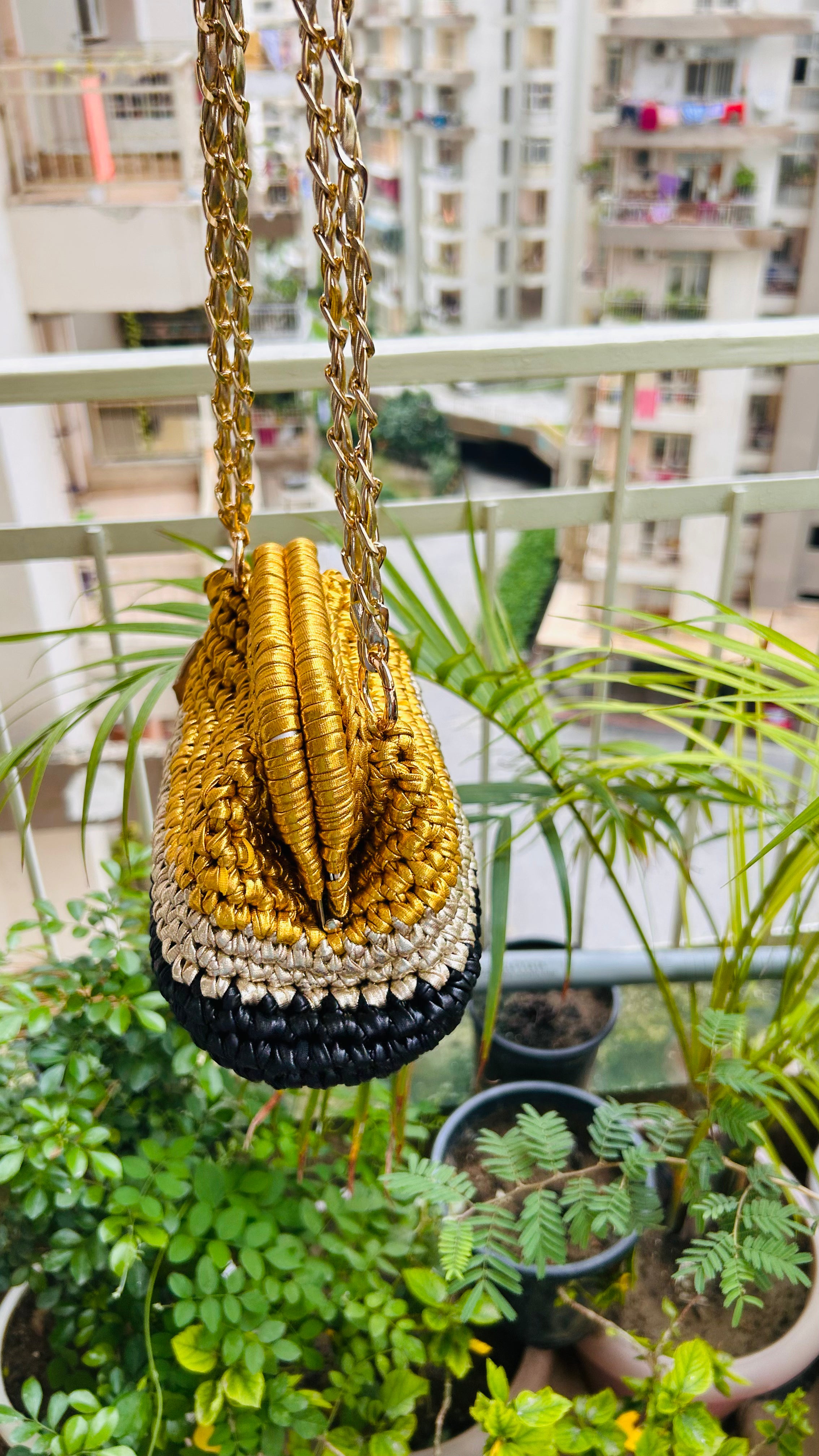 Gold Silver & Black Triple Tone Crochet Clutch with Sling and Tassel