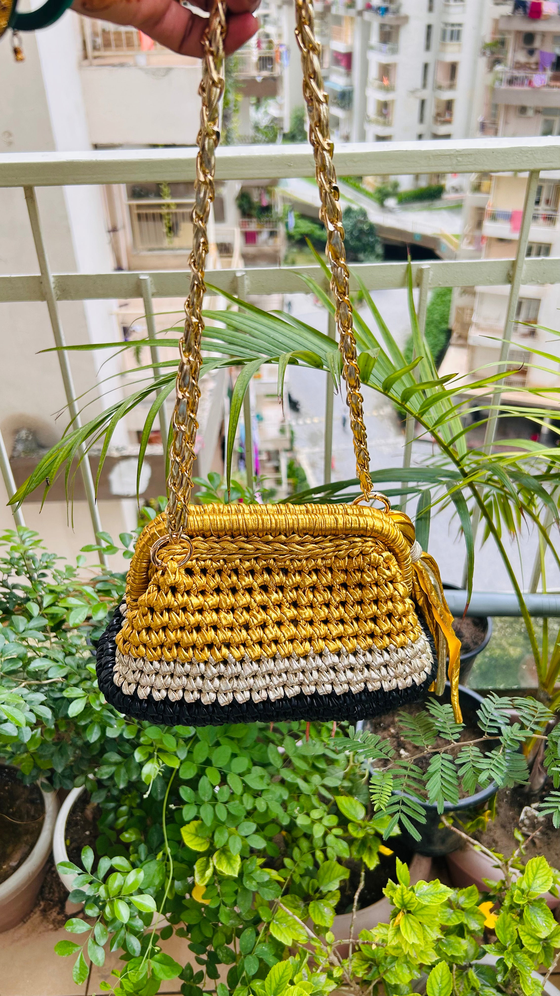 Gold Silver & Black Triple Tone Crochet Clutch with Sling and Tassel