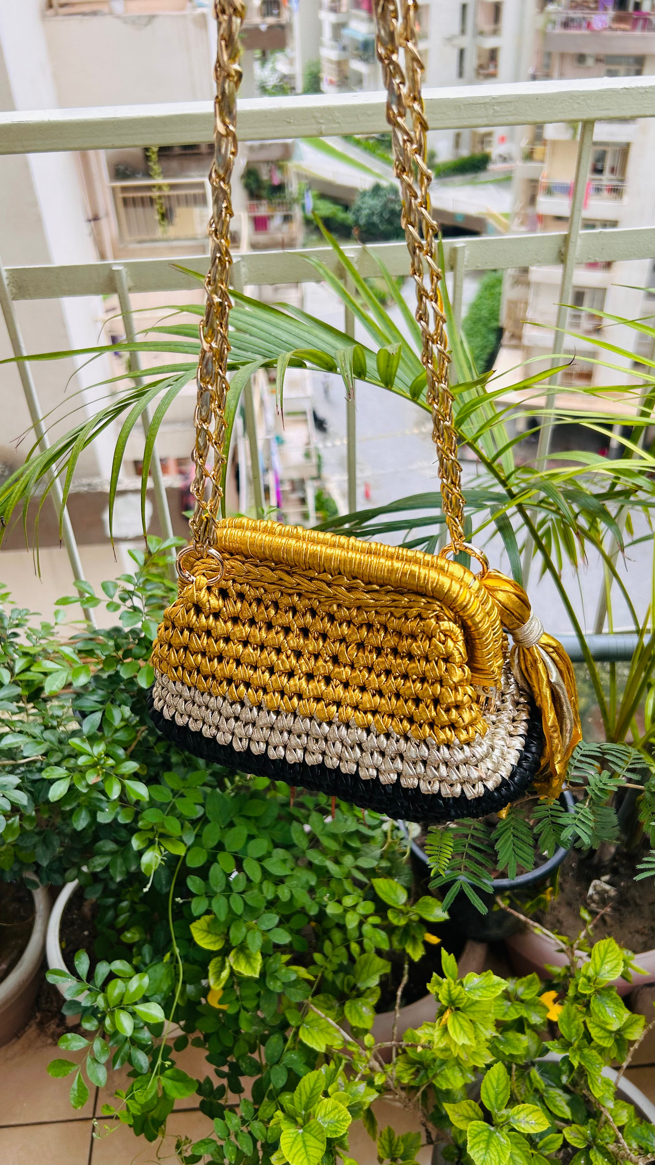 Gold Silver & Black Triple Tone Crochet Clutch with Sling and Tassel