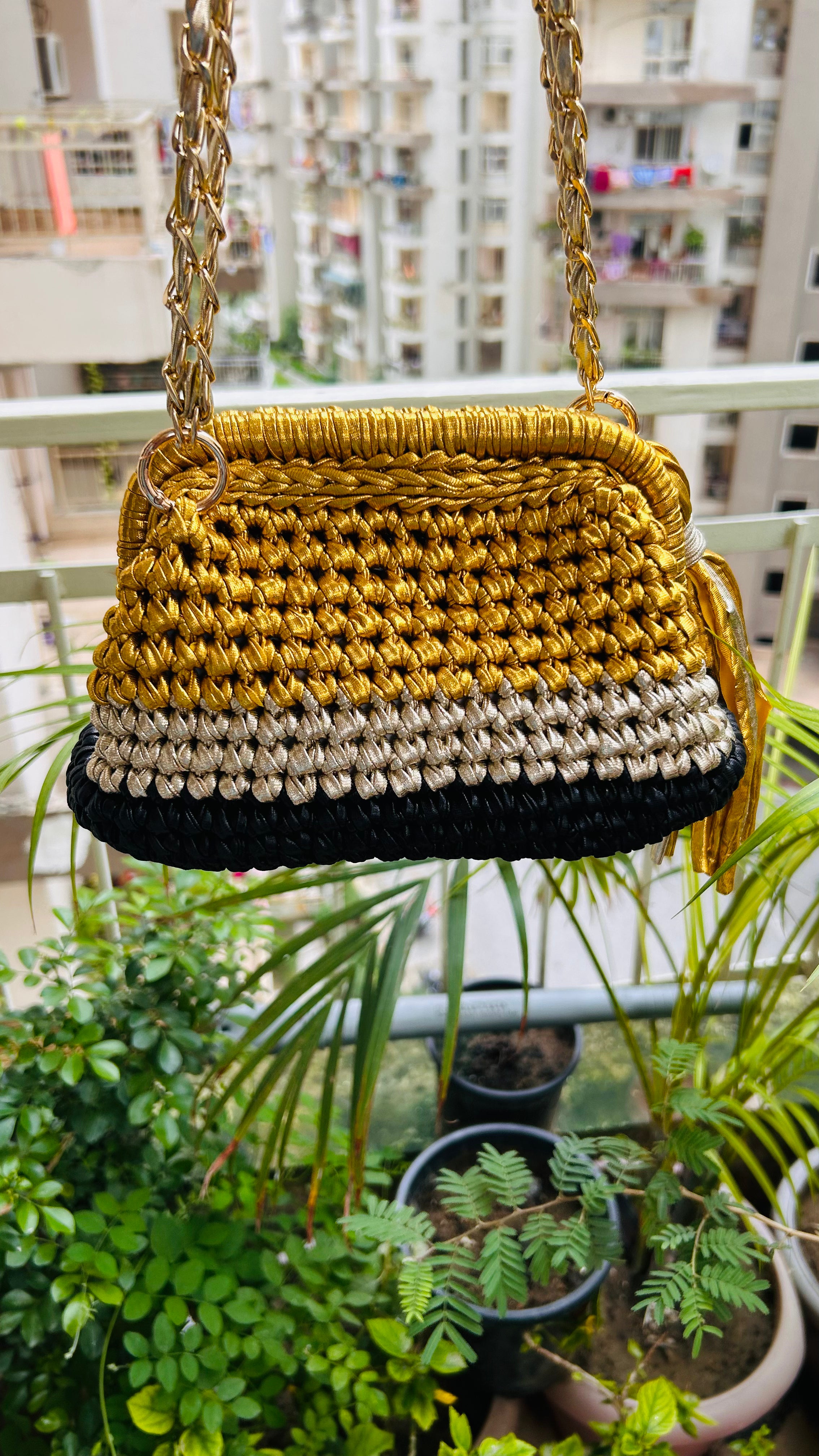 Gold Silver & Black Triple Tone Crochet Clutch with Sling and Tassel