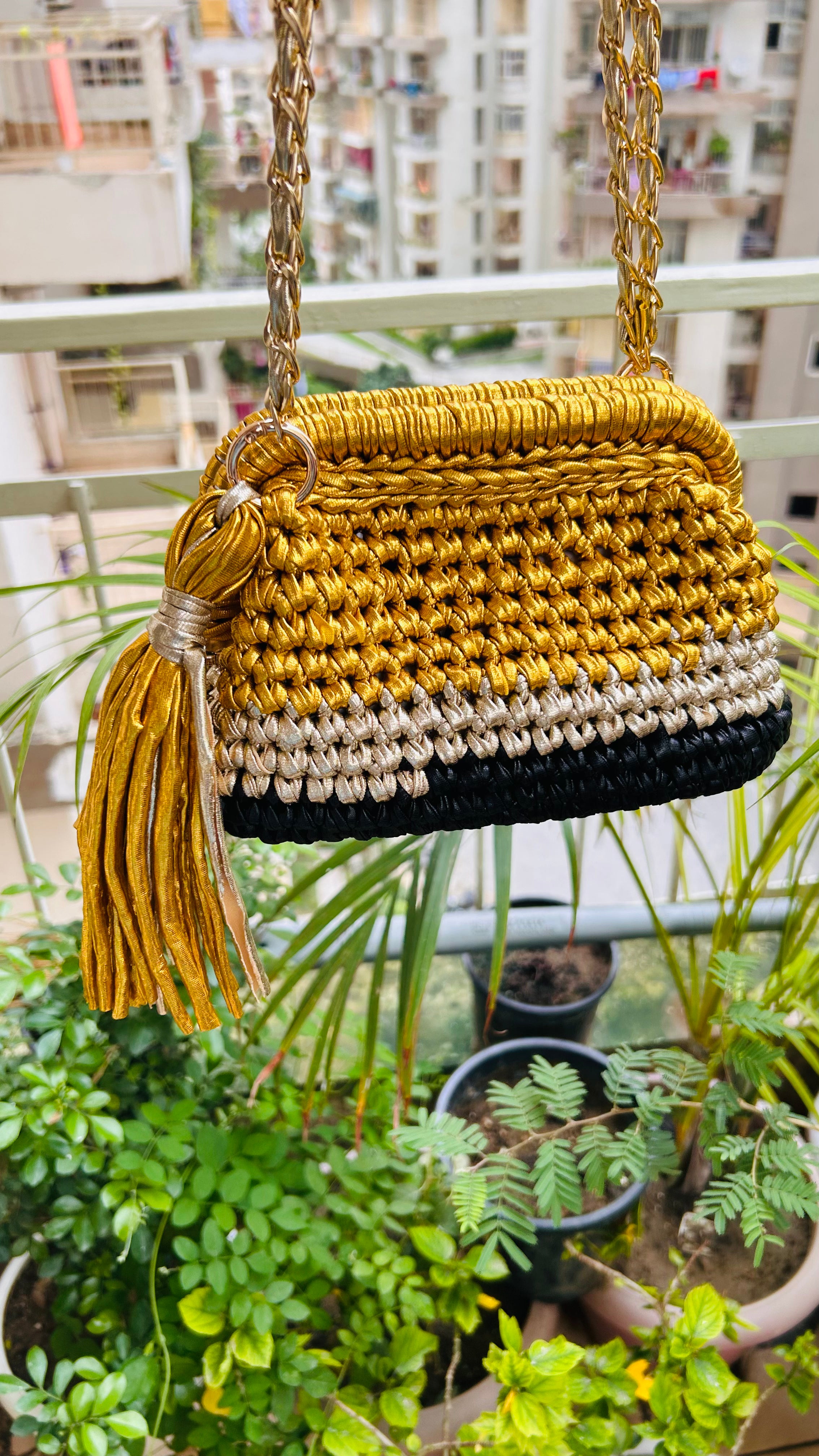 Gold Silver & Black Triple Tone Crochet Clutch with Sling and Tassel