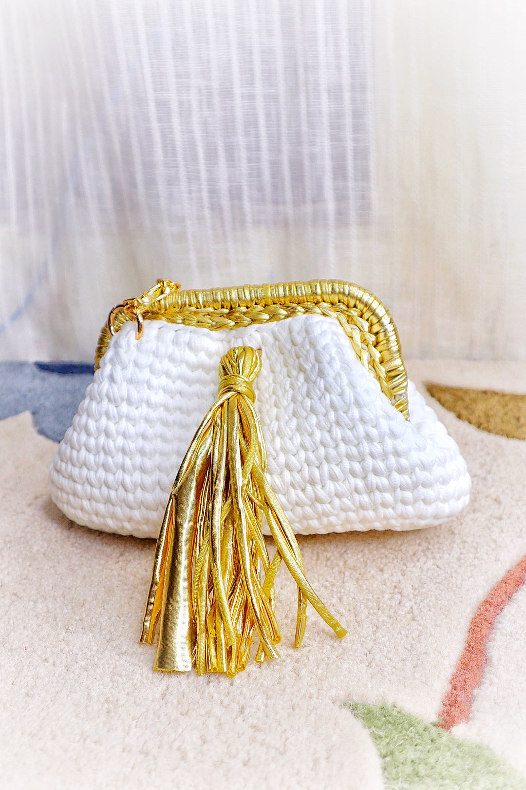 White T-Shirt Yarn Clutch With Golden  Sling