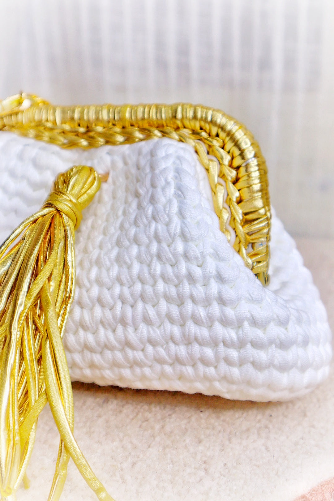 White T-Shirt Yarn Clutch With Golden  Sling