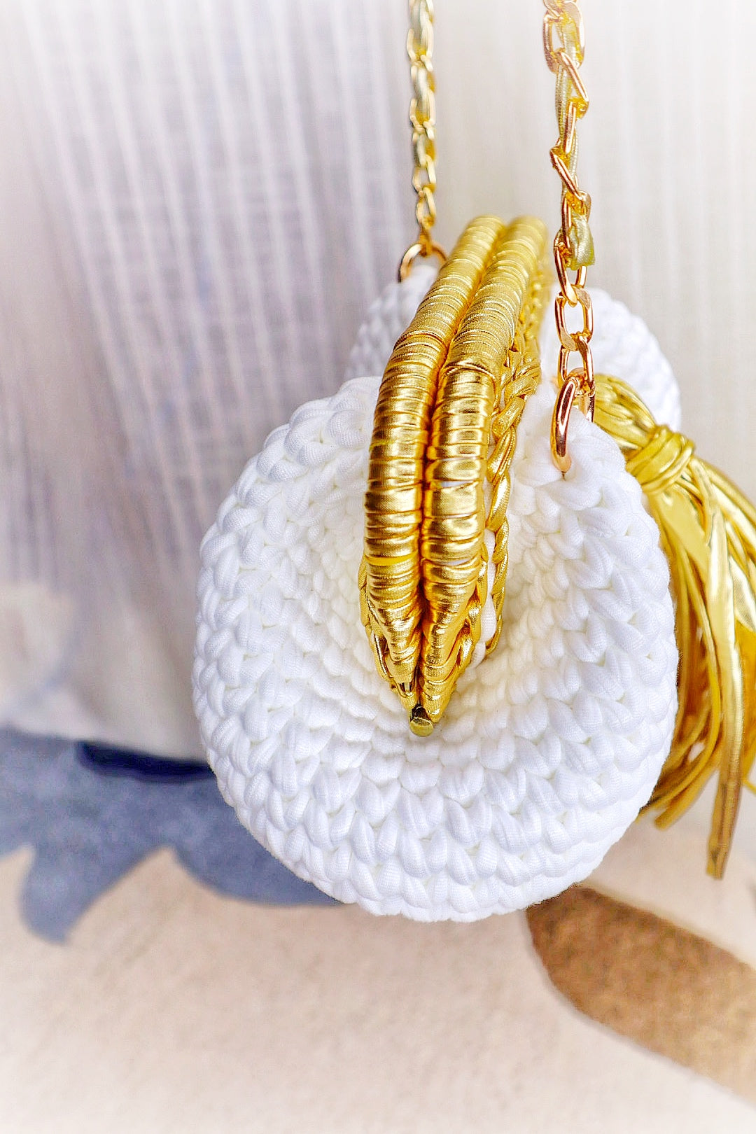 White T-Shirt Yarn Clutch With Golden  Sling