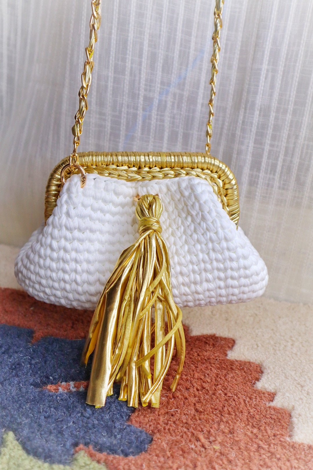 White T-Shirt Yarn Clutch With Golden  Sling