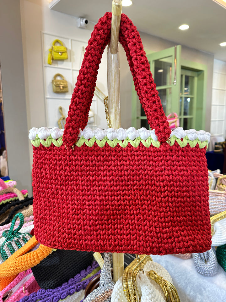 Red Crochet Tote with White Tulips